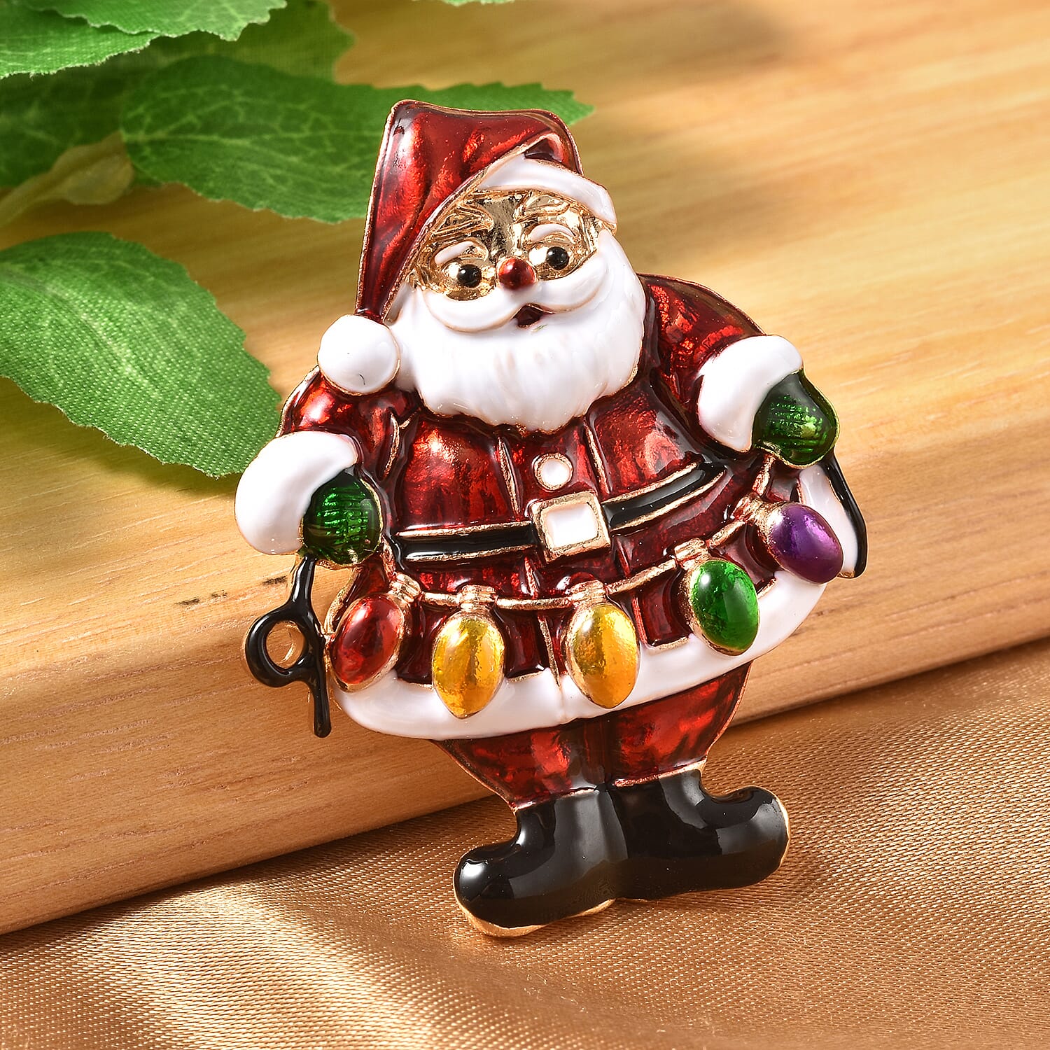 Christmas Santa Claus Enamelled Brooch in Yellow Tone