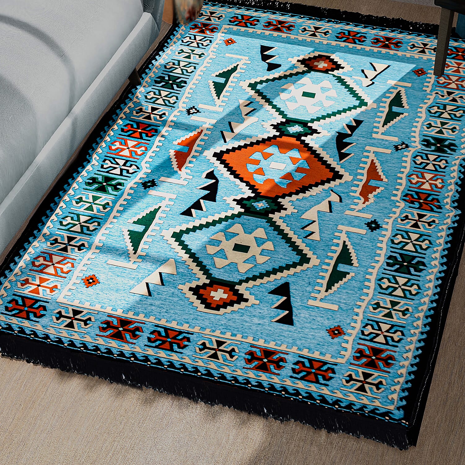 Traditional Turkish Kilim Rug (Size 180x123 cm) - Turquoise Blue & Multi