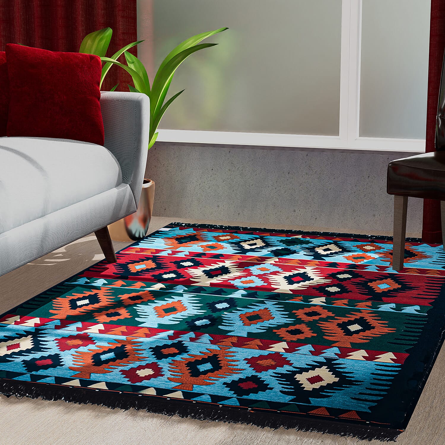 Traditional Turkish Kilim Rug (Size 180x123 cm) - Sky Blue, Orange & Multi