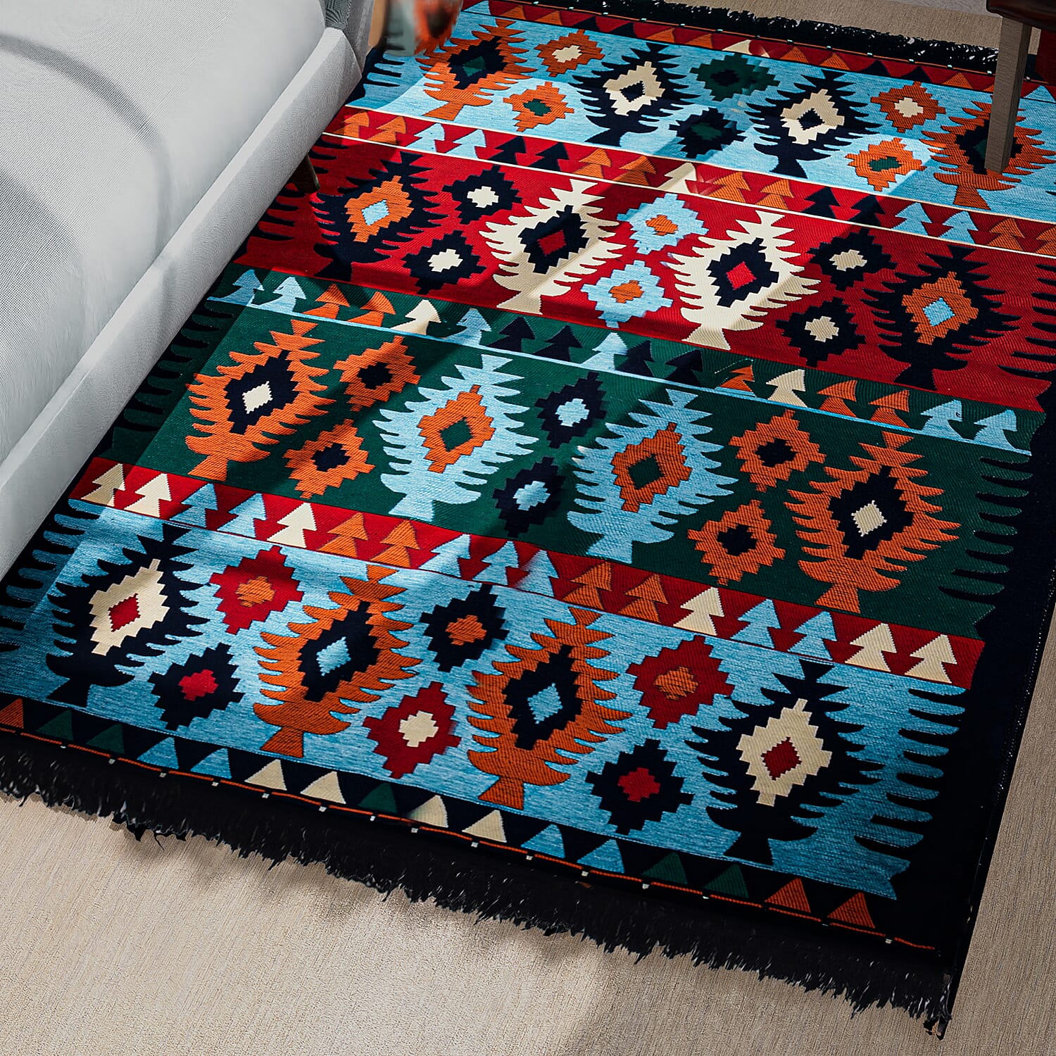 Traditional Turkish Kilim Rug (Size 180x123 cm) - Sky Blue, Orange & Multi