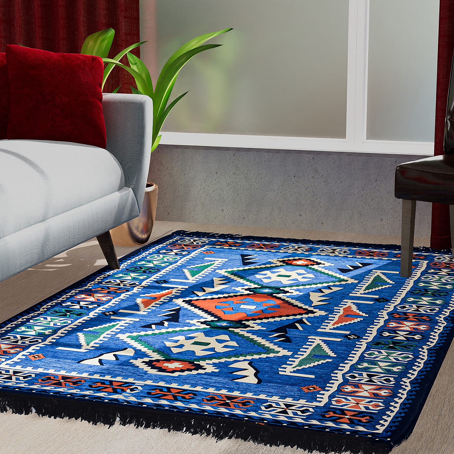 Traditional Turkish Kilim Rug (Size 180x123 cm) - Blue & Multi