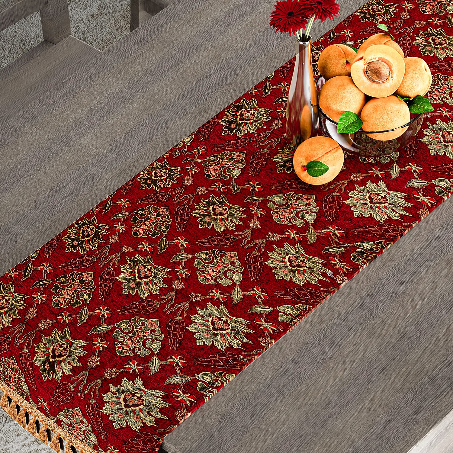 High Quality Turkish Fine Detail Damask Tasptry Table Runner (Size 175x49 cm) - Red