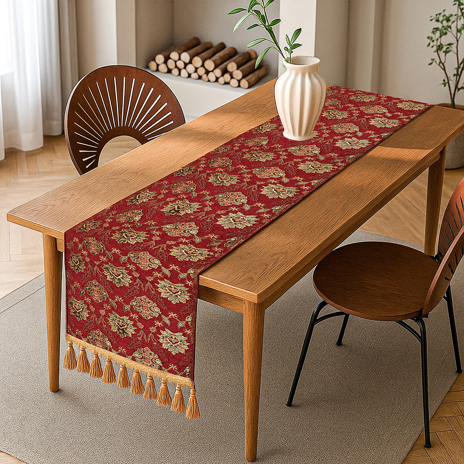 High Quality Turkish Fine Detail Damask Tasptry Table Runner (Size 175x49 cm) - Red