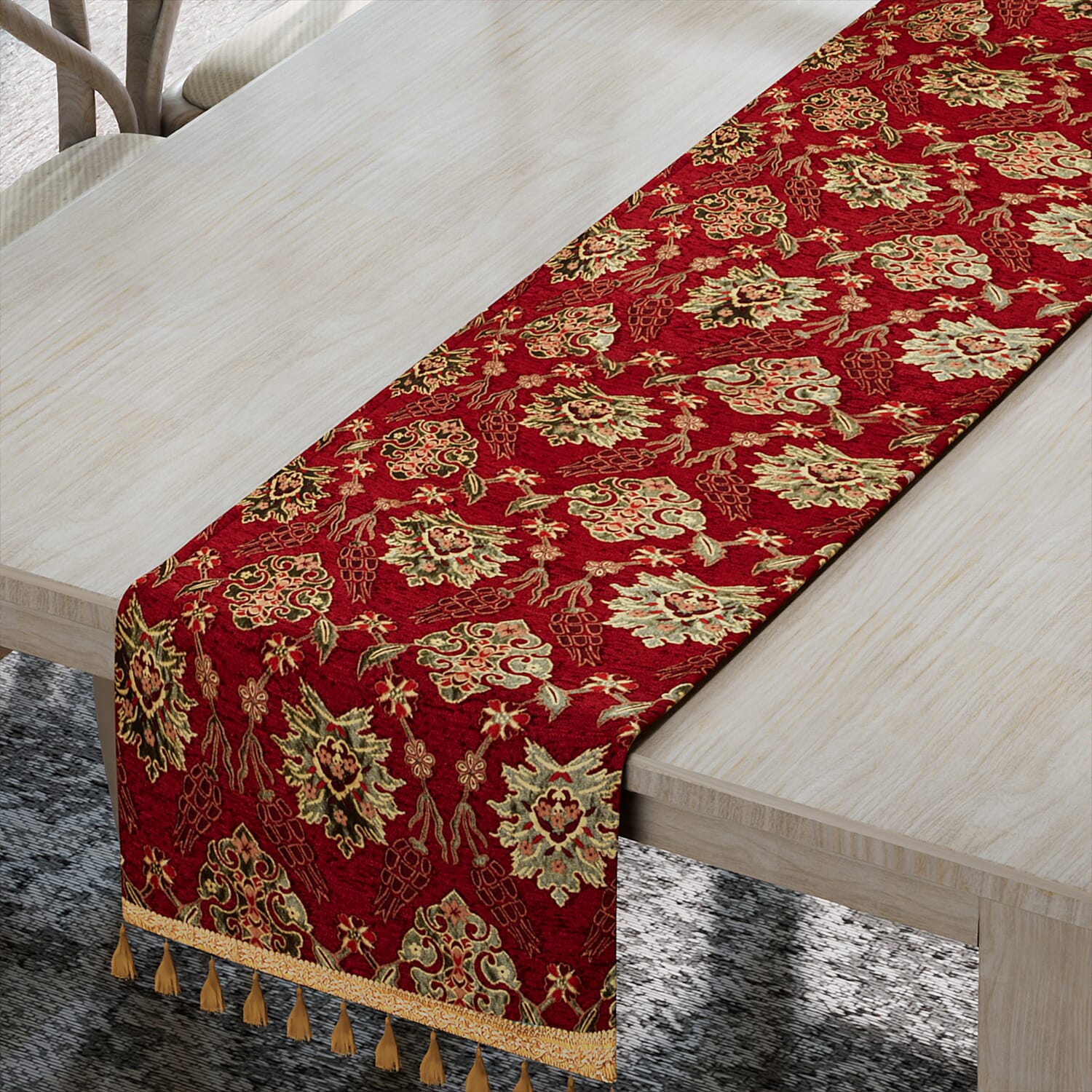 High Quality Turkish Fine Detail Damask Tasptry Table Runner (Size 175x49 cm) - Red