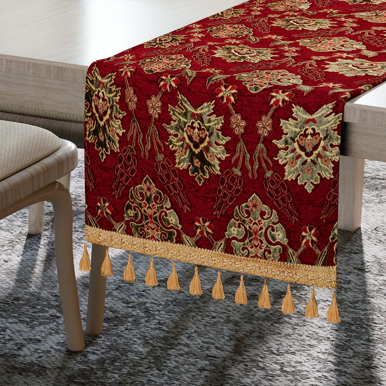 High Quality Turkish Fine Detail Damask Tasptry Table Runner (Size 175x49 cm) - Red