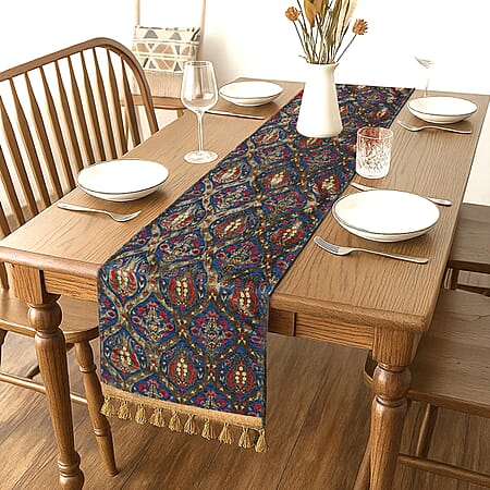 Turkish Table Runner with Tassels (Size 175x49 cm) - Blue & Multi