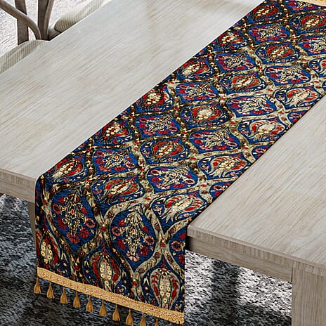 Turkish Table Runner with Tassels (Size 175x49 cm) - Blue & Multi