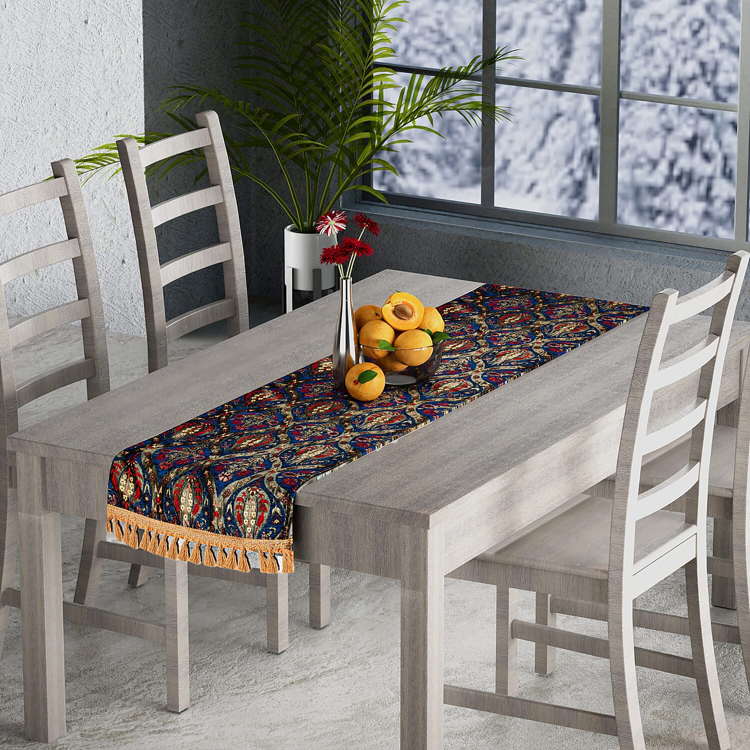 Turkish Table Runner with Tassels (Size 175x49 cm) - Blue & Multi