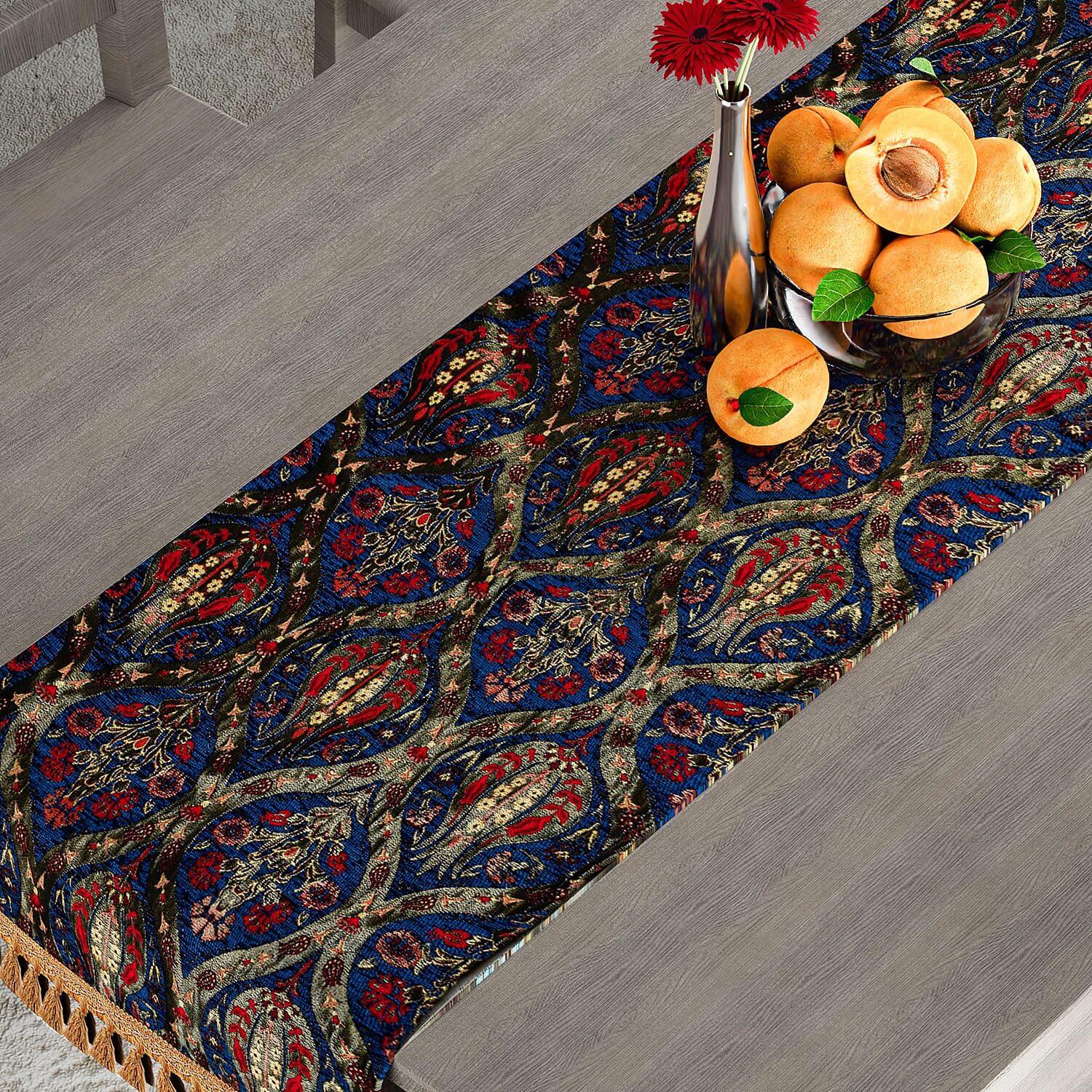 Turkish Table Runner with Tassels (Size 175x49 cm) - Blue & Multi