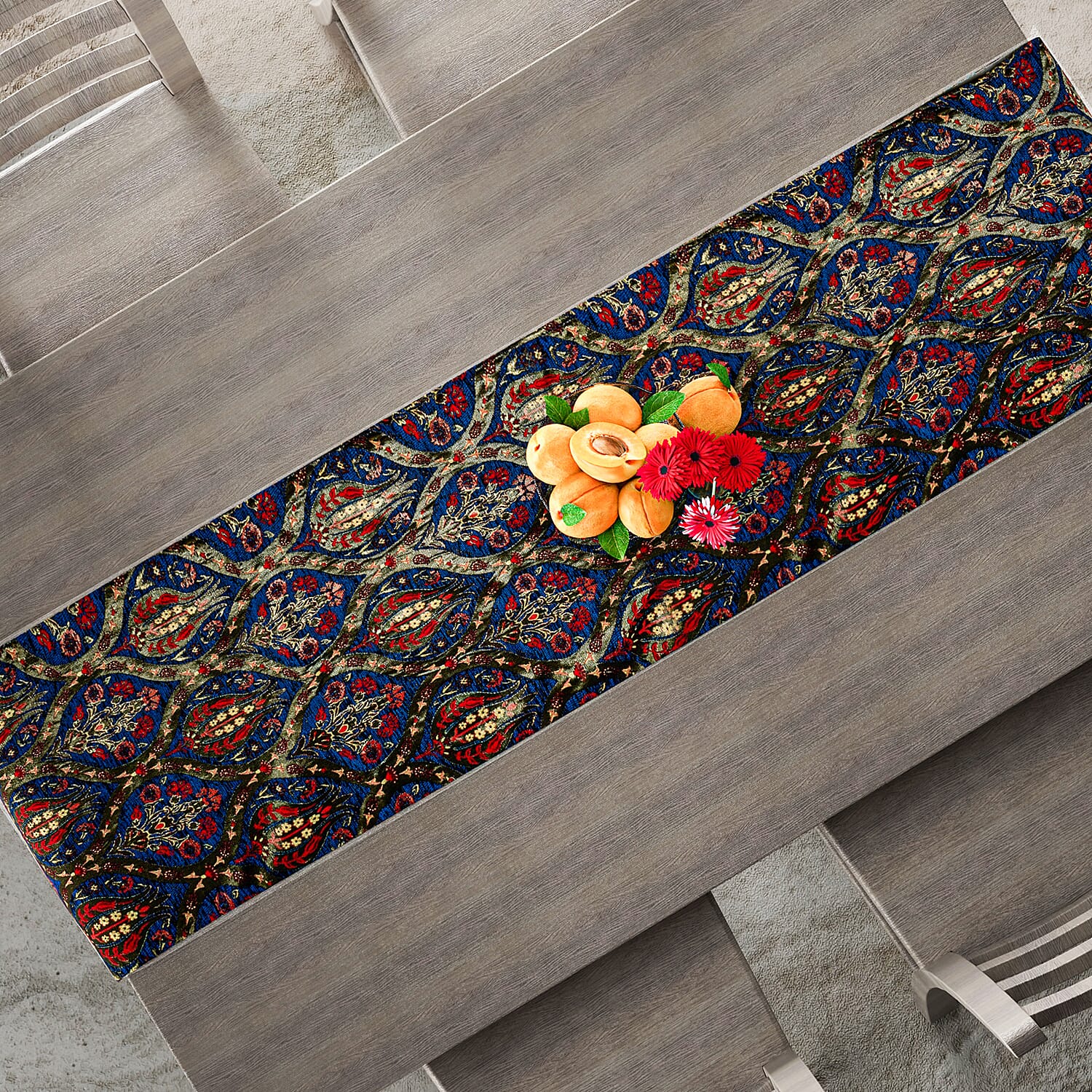 Turkish Table Runner with Tassels (Size 175x49 cm) - Blue & Multi