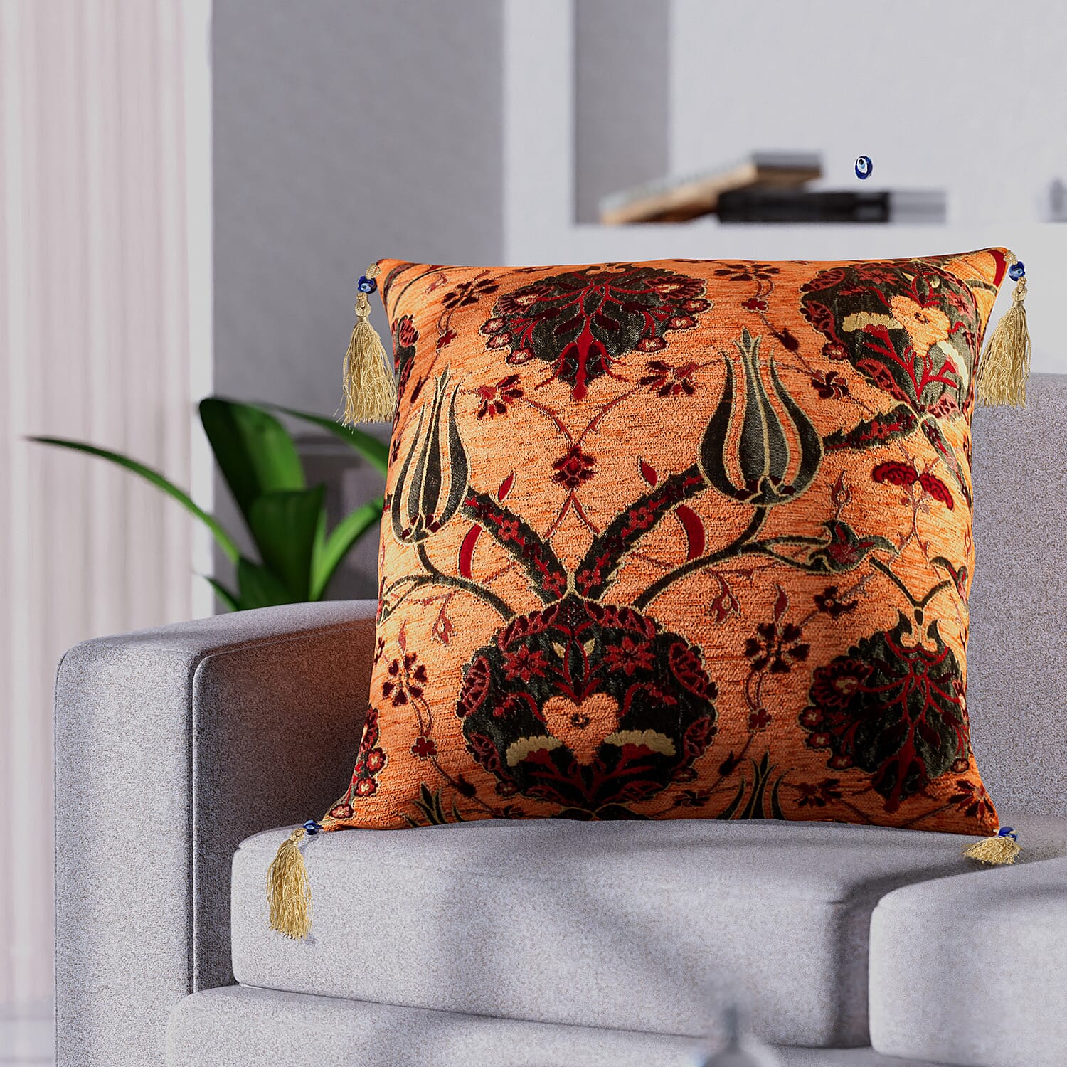 Set of 2 - Turkish Cushion Covers with Zipper Closure (Size 44x42 cm) - Orange & Multi