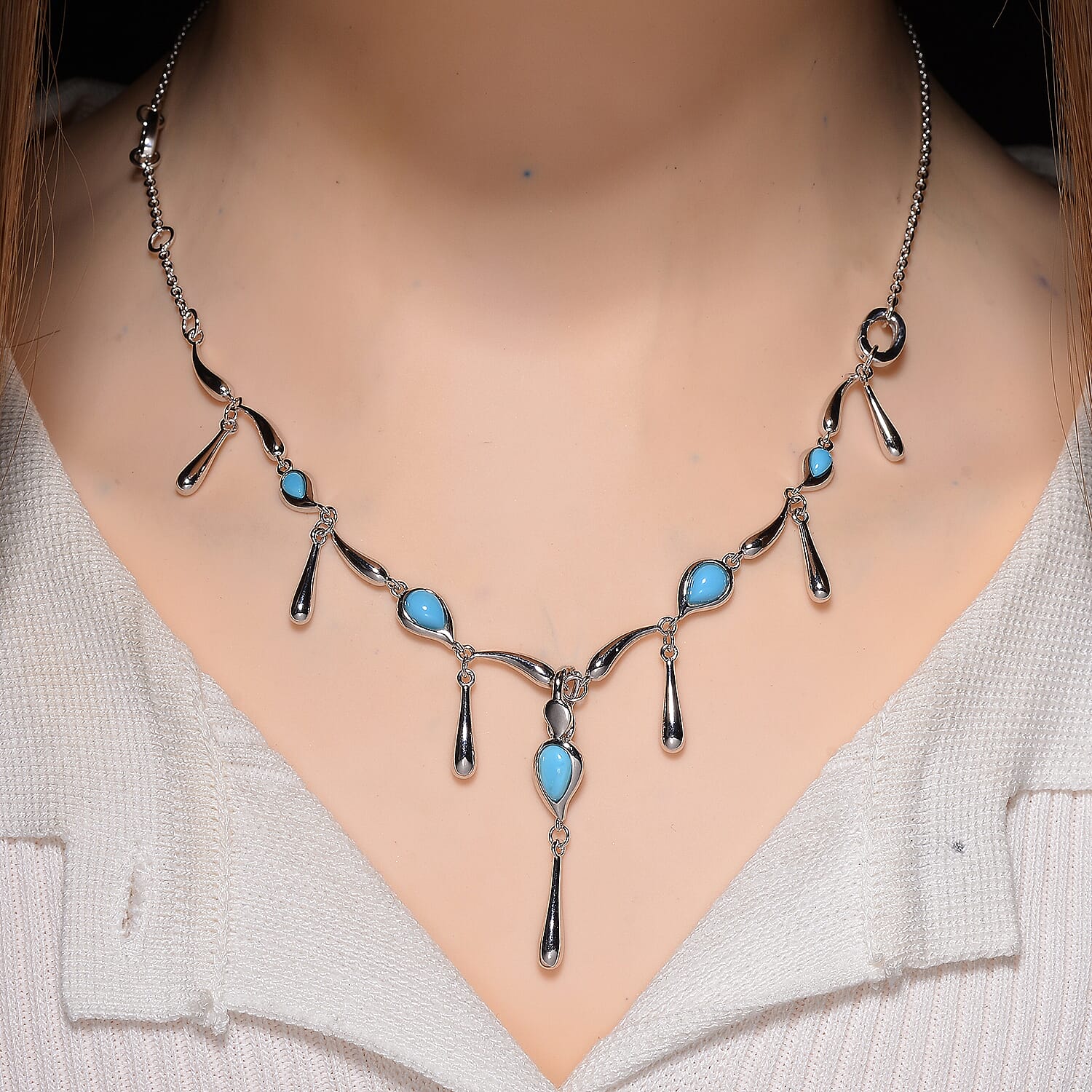 Arizona Sleeping Beauty Turquoise Detechable Pendant with Chain (Size 24) with Oval- Shaped Lobster Clasp in Rhodium Overlay Sterling Silver 2.69 Ct.