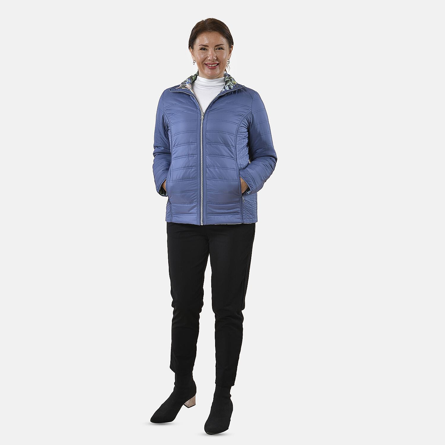 Reversible Padded Lining Jacket with Front Zipper Closure (Size 12) - Blue