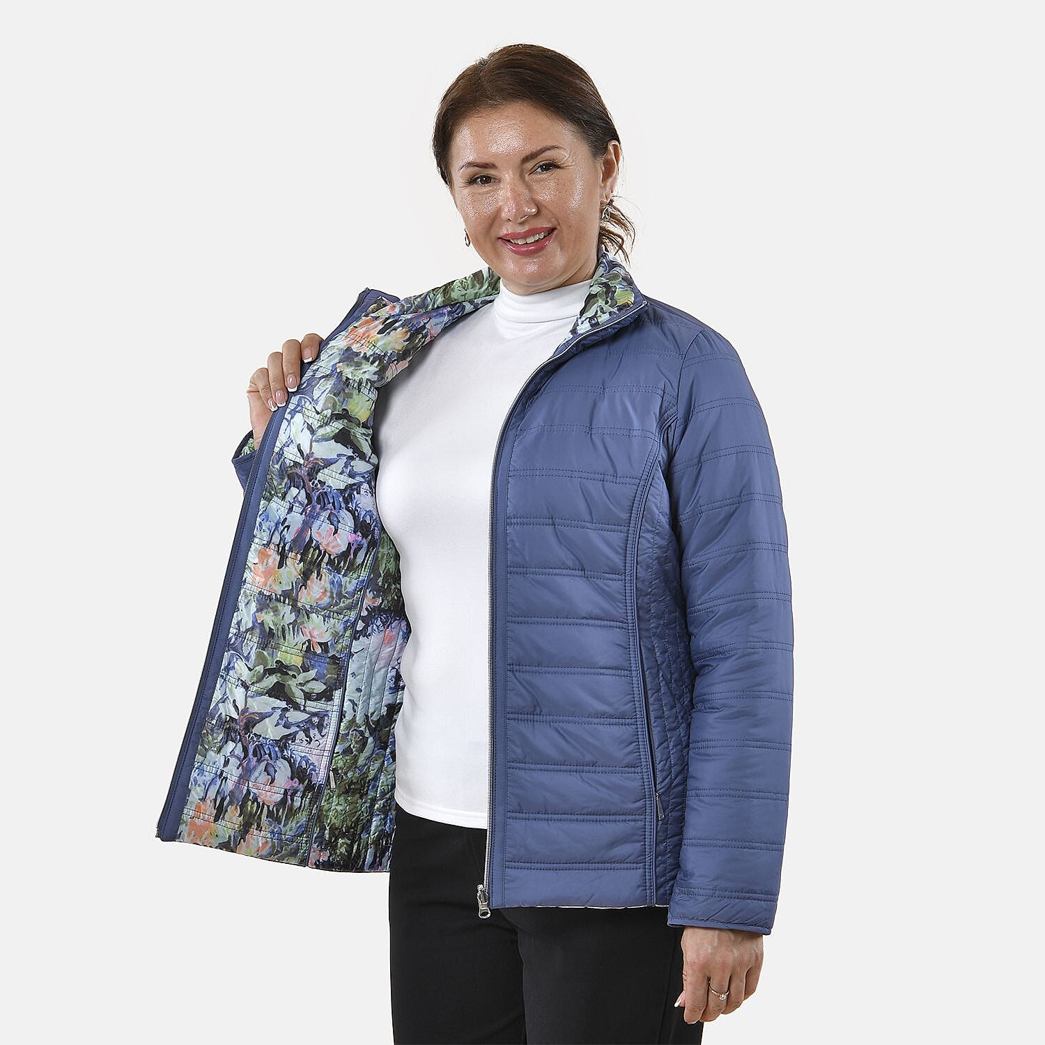 Reversible Padded Lining Jacket with Front Zipper Closure (Size 12) - Blue