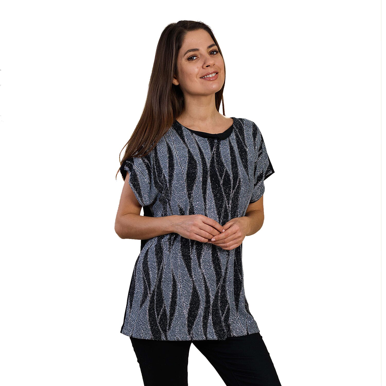 TAMSY Geometric Pattern Sequin Top (Size M) - Grey and Black