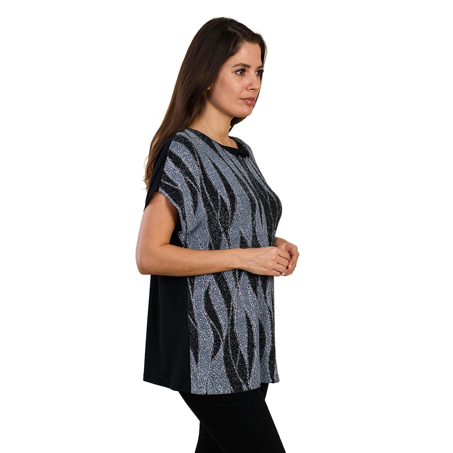 TAMSY Geometric Pattern Sequin Top (Size M) - Grey and Black