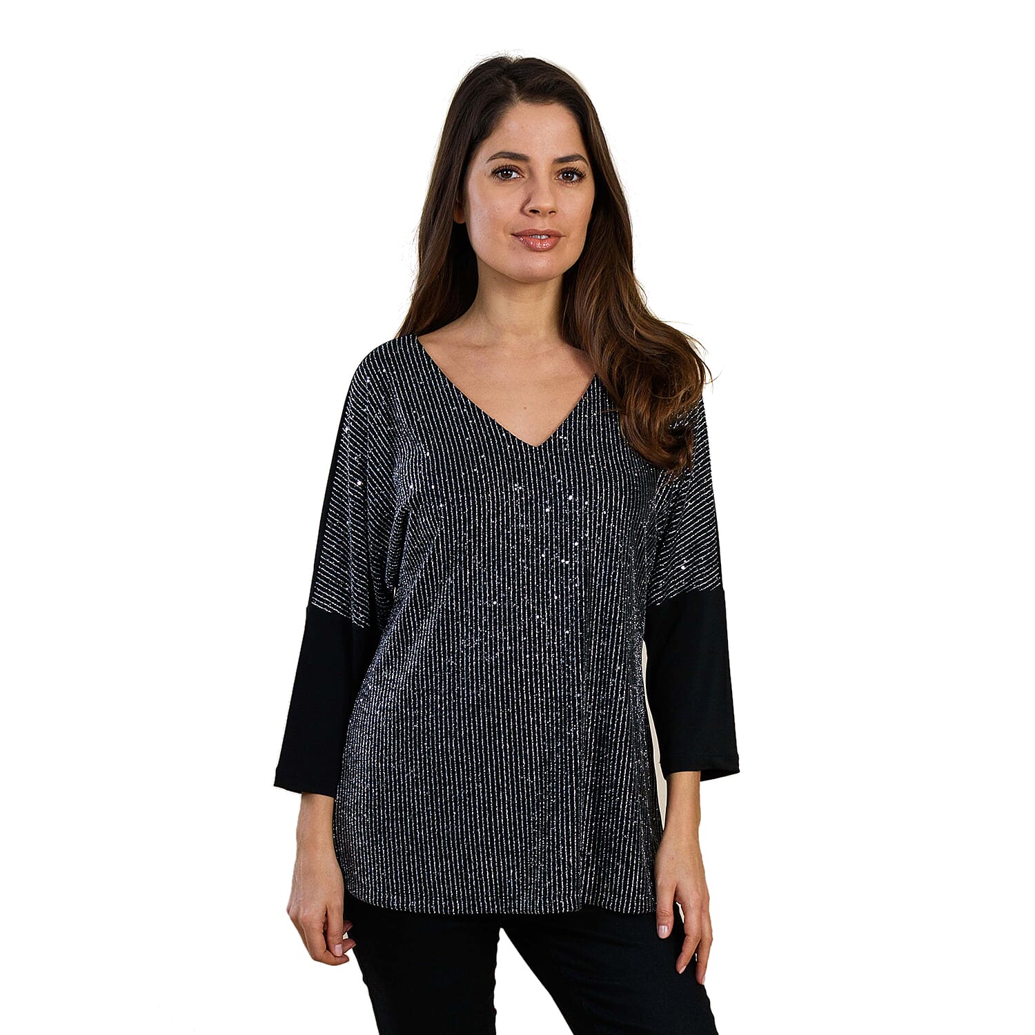 TAMSY V Neck Quarter Sleeves Sequin Top (Size S) - Black