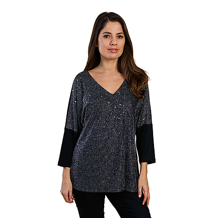 TAMSY V Neck Quarter Sleeves Sequin Women's Top