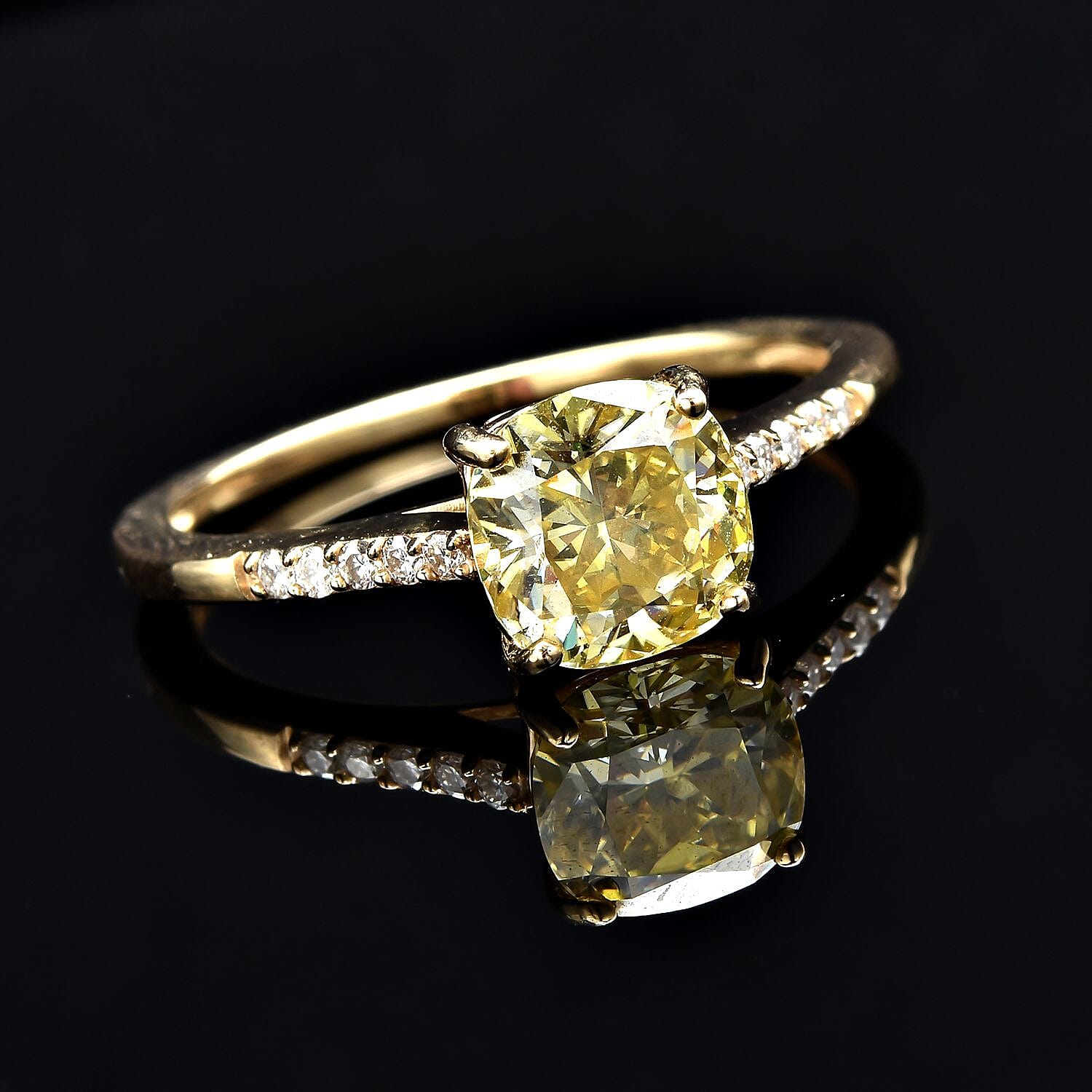 9K Yellow Gold Canary Moissanite and White Moissanite Ring 1.59 Ct.
