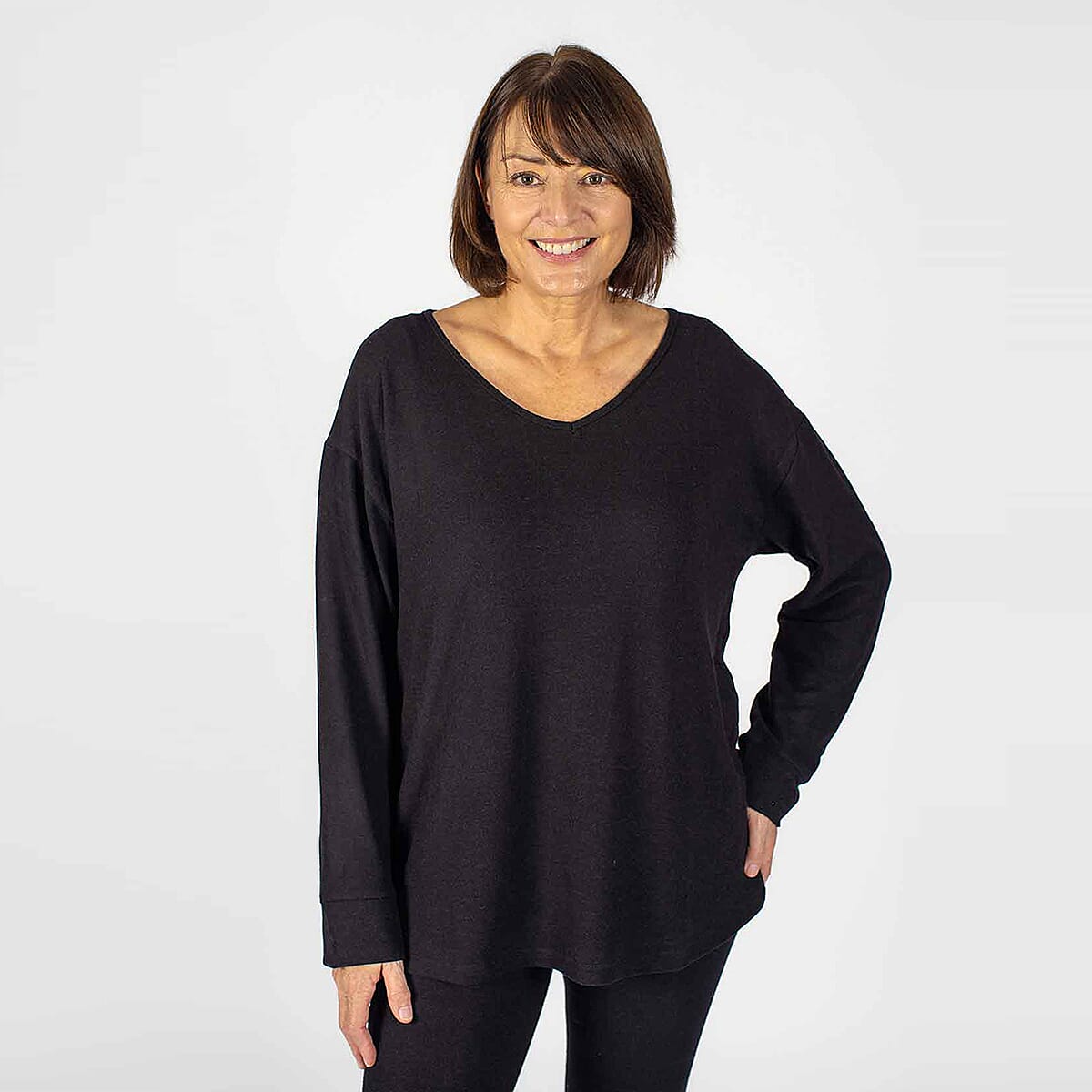 TAMSY Loose V-Neck Top (Size L, 16-18) - Black