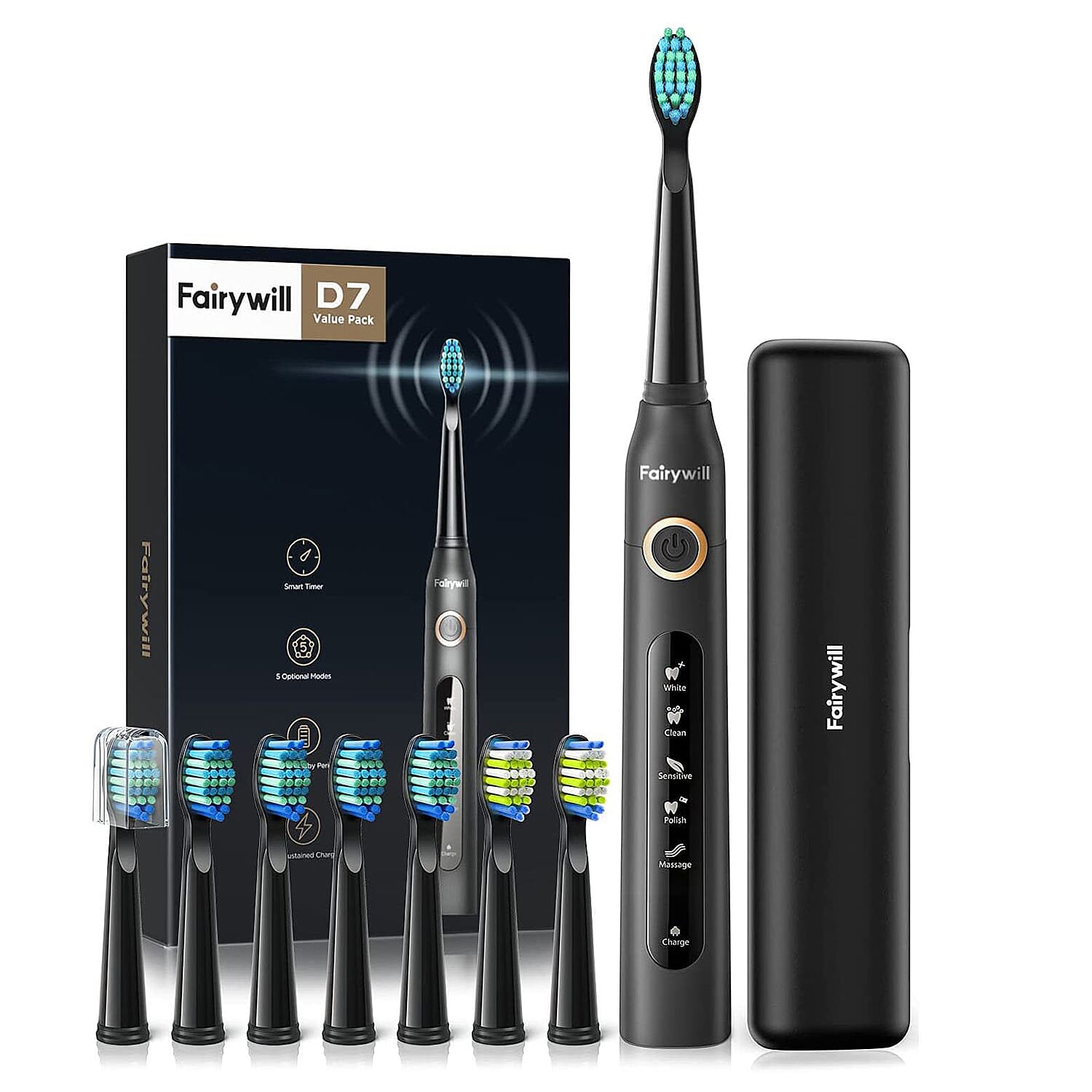 FairyWill: Sonic Toothbrush (With 8 Replacement Heads) - Black