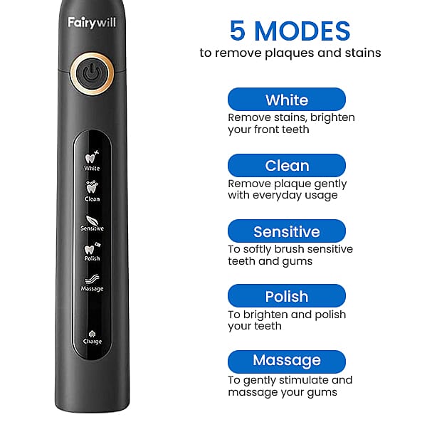 FairyWill: Sonic Toothbrush (With 8 Replacement Heads) - Black