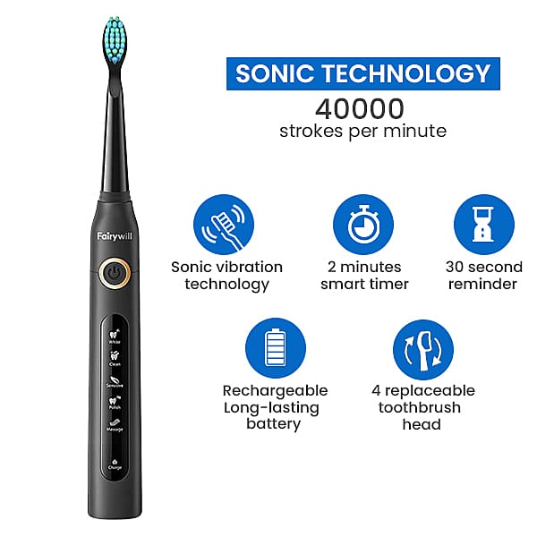 FairyWill: Sonic Toothbrush (With 8 Replacement Heads) - Black