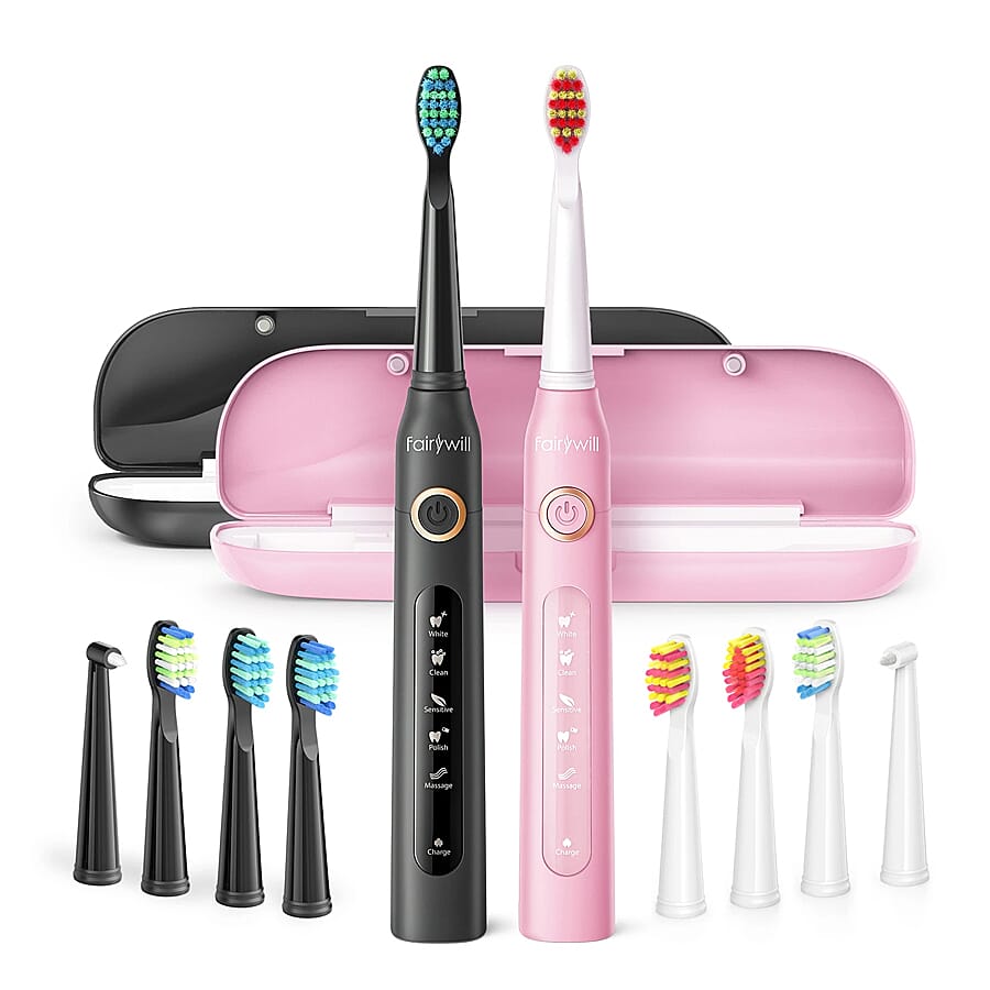 Set Of 2 - Sonic Electric Toothbrush with 8 Interchangeable Heads and USB Charging Cable (Size 23x3 Cm) - Black & Pink