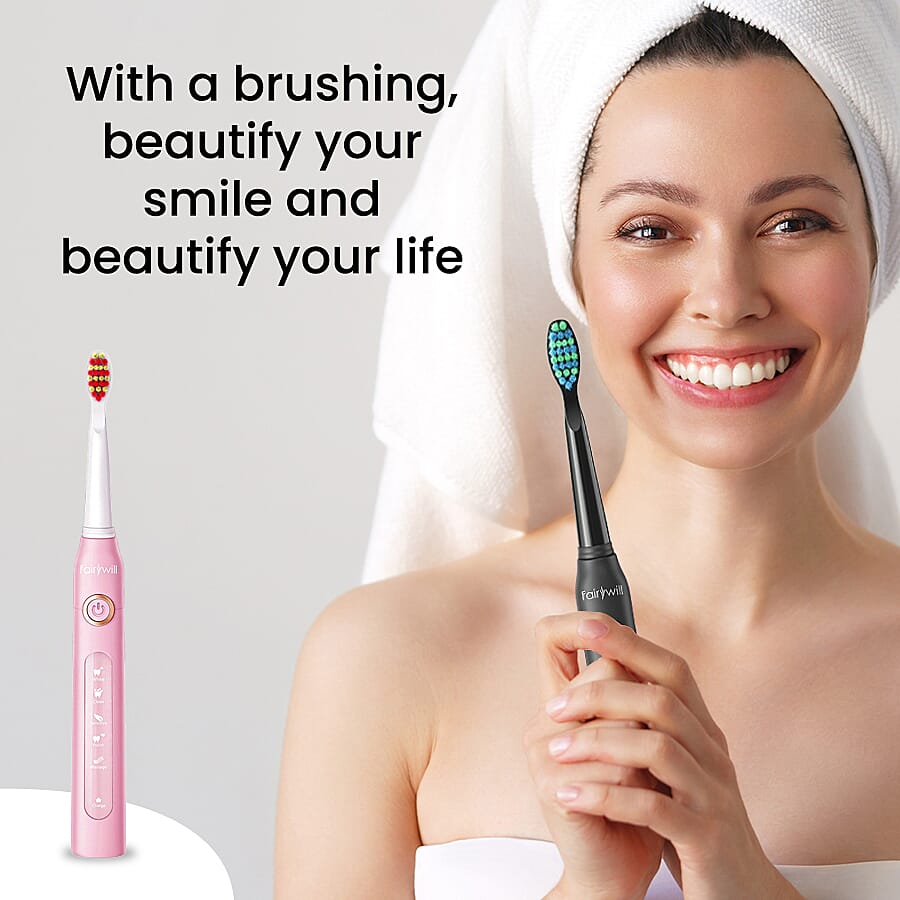 Set Of 2 - Sonic Electric Toothbrush with 8 Interchangeable Heads and USB Charging Cable (Size 23x3 Cm) - Black & Pink