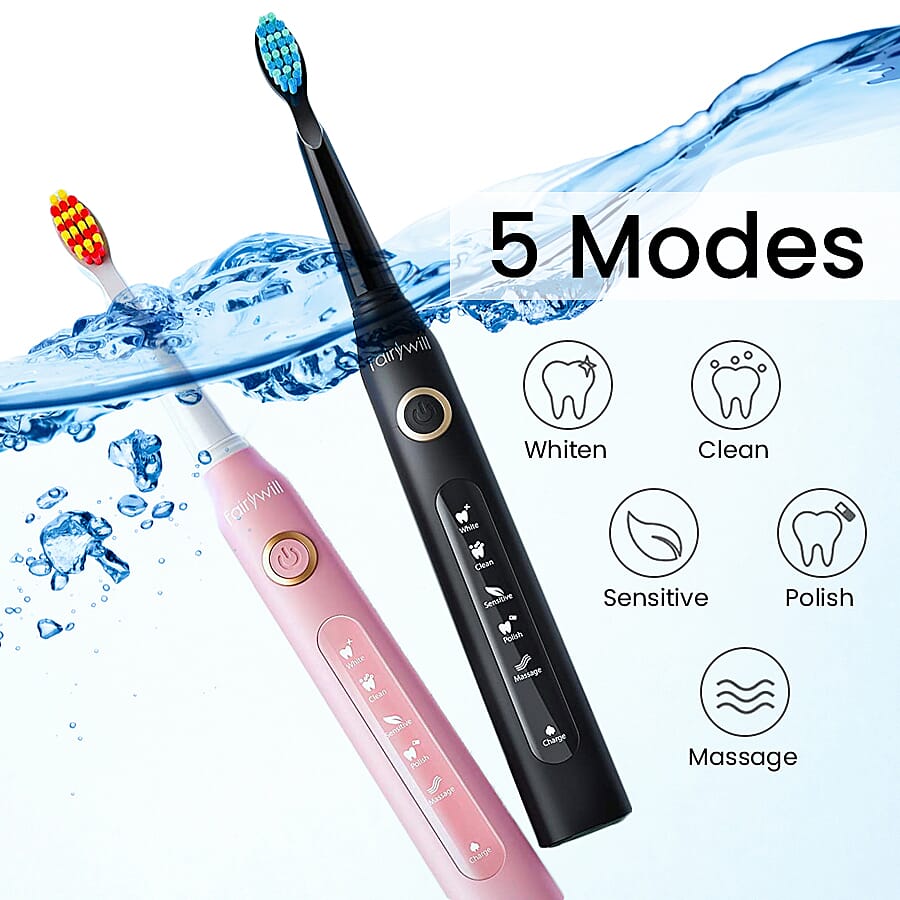 Set Of 2 - Sonic Electric Toothbrush with 8 Interchangeable Heads and USB Charging Cable (Size 23x3 Cm) - Black & Pink
