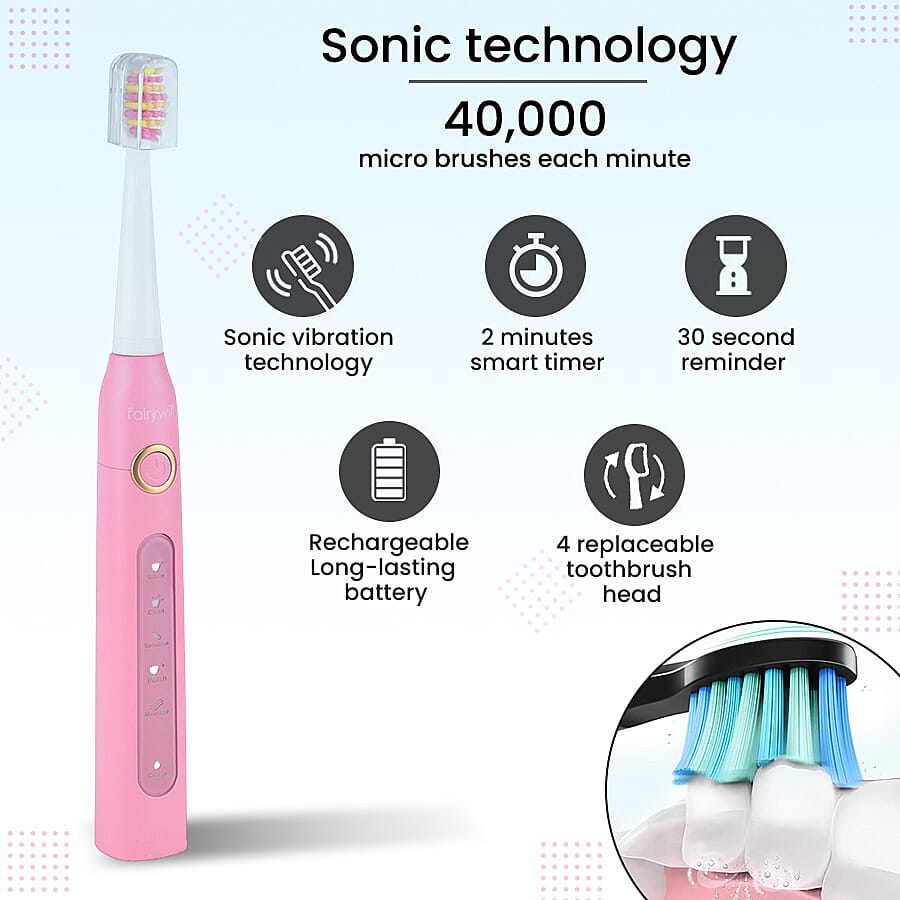 Set Of 2 - Sonic Electric Toothbrush with 8 Interchangeable Heads and USB Charging Cable (Size 23x3 Cm) - Black & Pink