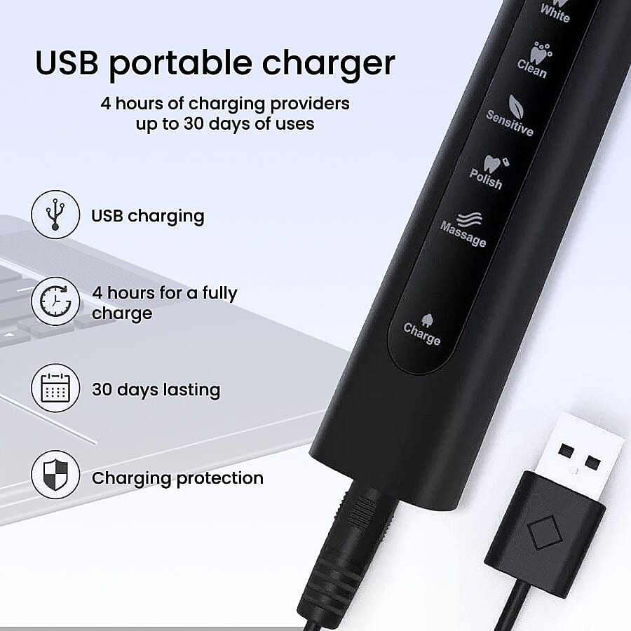 Set Of 2 - Sonic Electric Toothbrush with 8 Interchangeable Heads and USB Charging Cable (Size 23x3 Cm) - Black & Pink