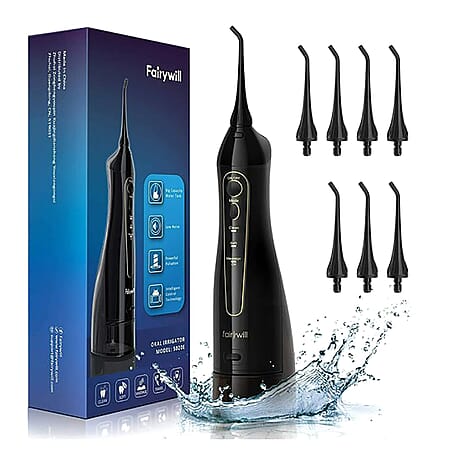 FairyWill- Water Flosser (with 8 Replacement Heads & 3 Modes) - Black
