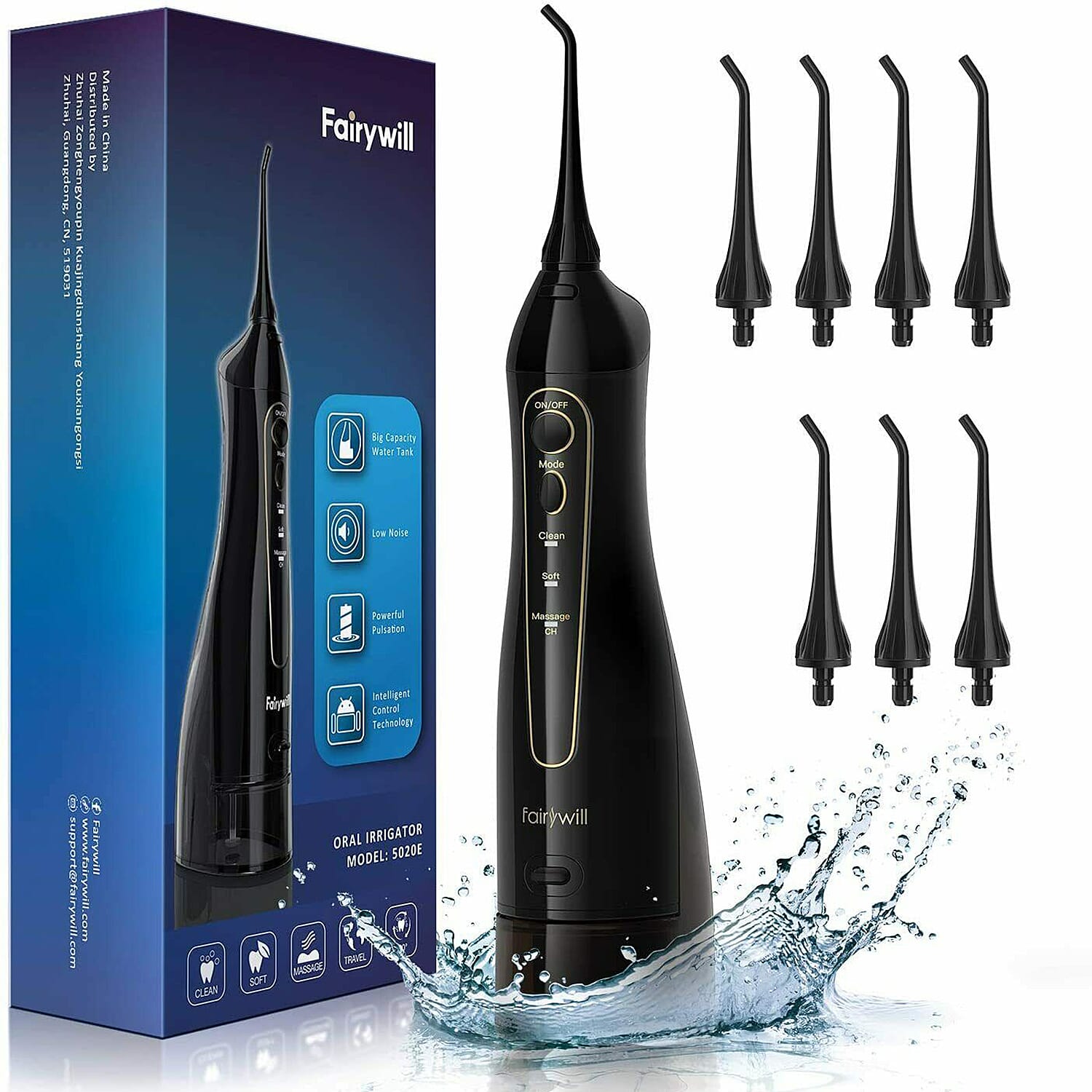 FairyWill: Water Flosser (With 8 Replacement Heads & 3 Modes) - Black