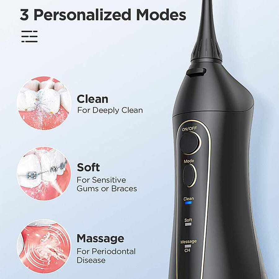 FairyWill: Water Flosser (With 8 Replacement Heads & 3 Modes) - Black