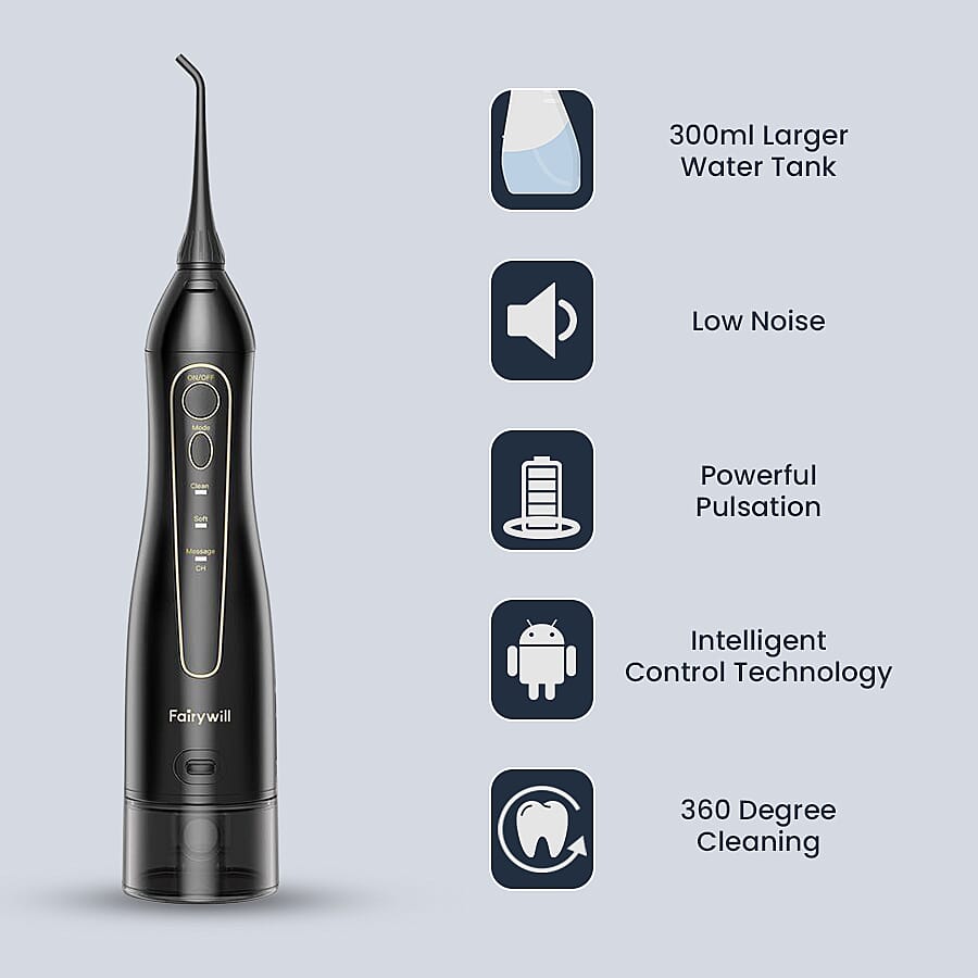 FairyWill: Water Flosser (With 8 Replacement Heads & 3 Modes) - Black