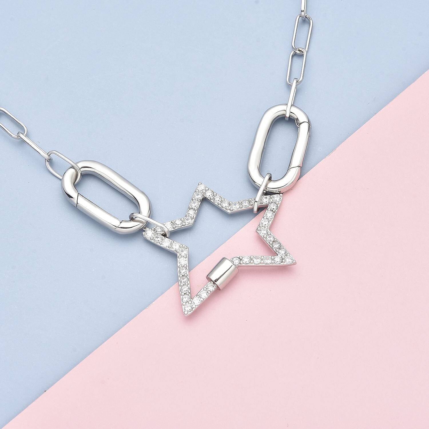 Star Paperclip Necklace (Size - 18) in Rhodium Overlay Sterling Silver