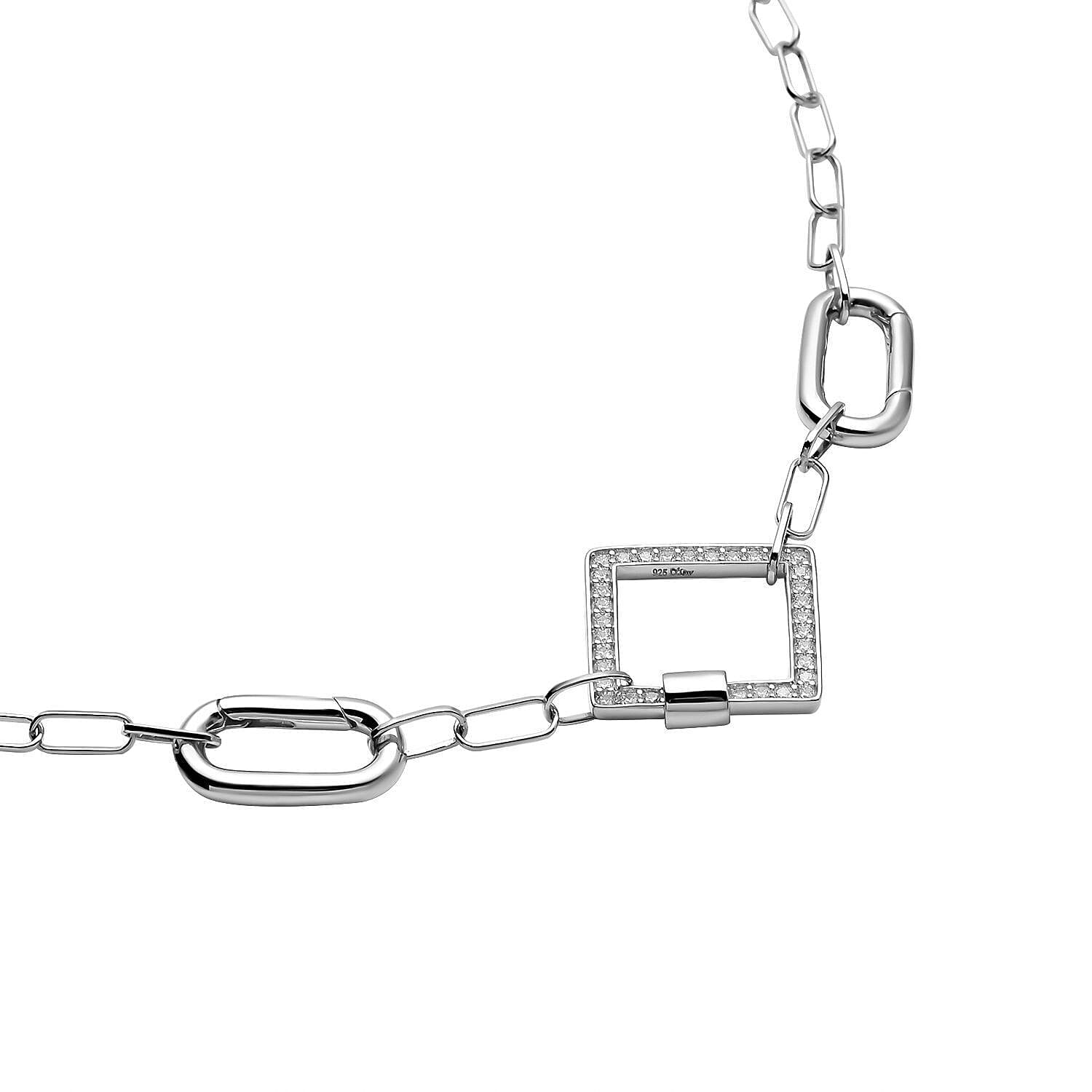 Lustro Stella - Cubic Zirconia Paperclip Necklace (Size - 18) in Rhodium Overlay Sterling Silver, Silver Wt. 7.80 Gms