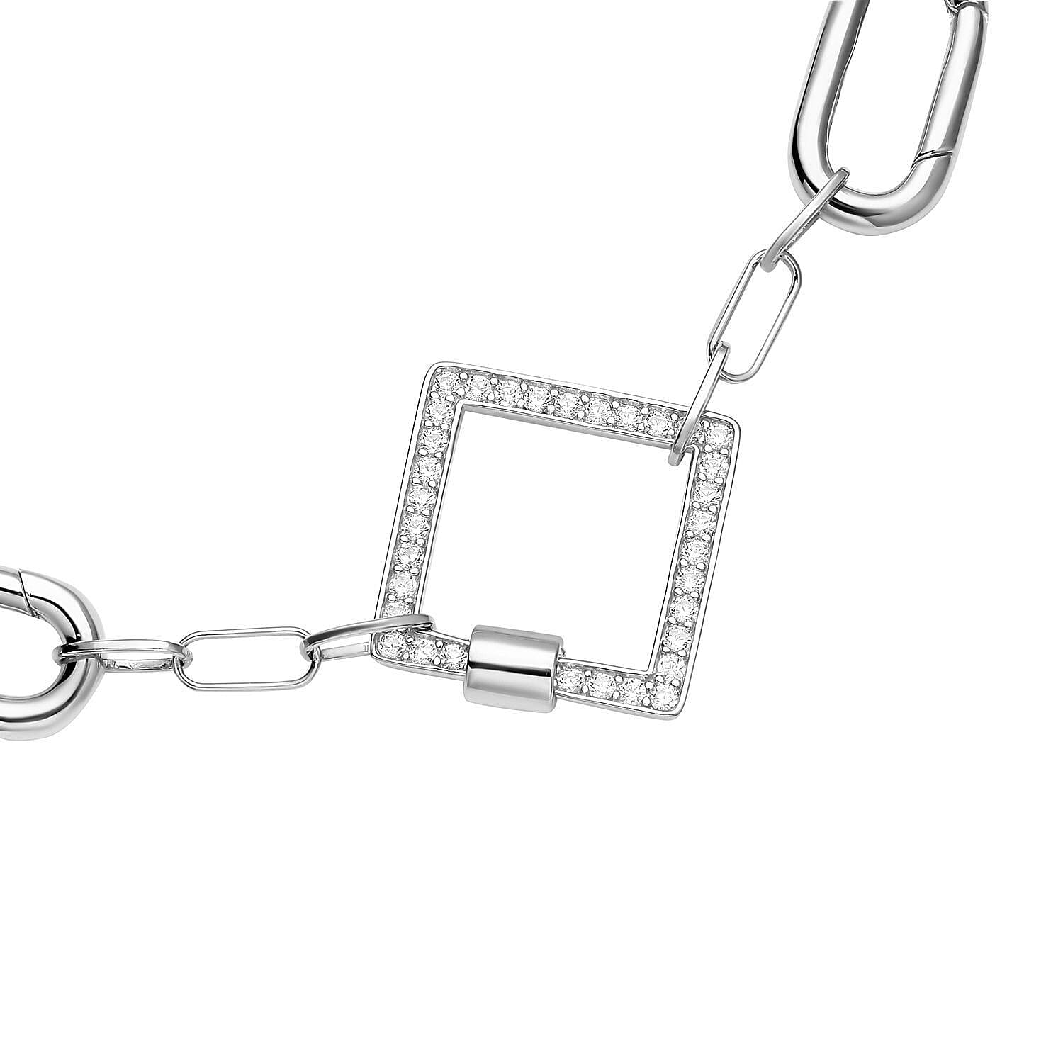 Lustro Stella - Cubic Zirconia Paperclip Necklace (Size - 18) in Rhodium Overlay Sterling Silver, Silver Wt. 7.80 Gms