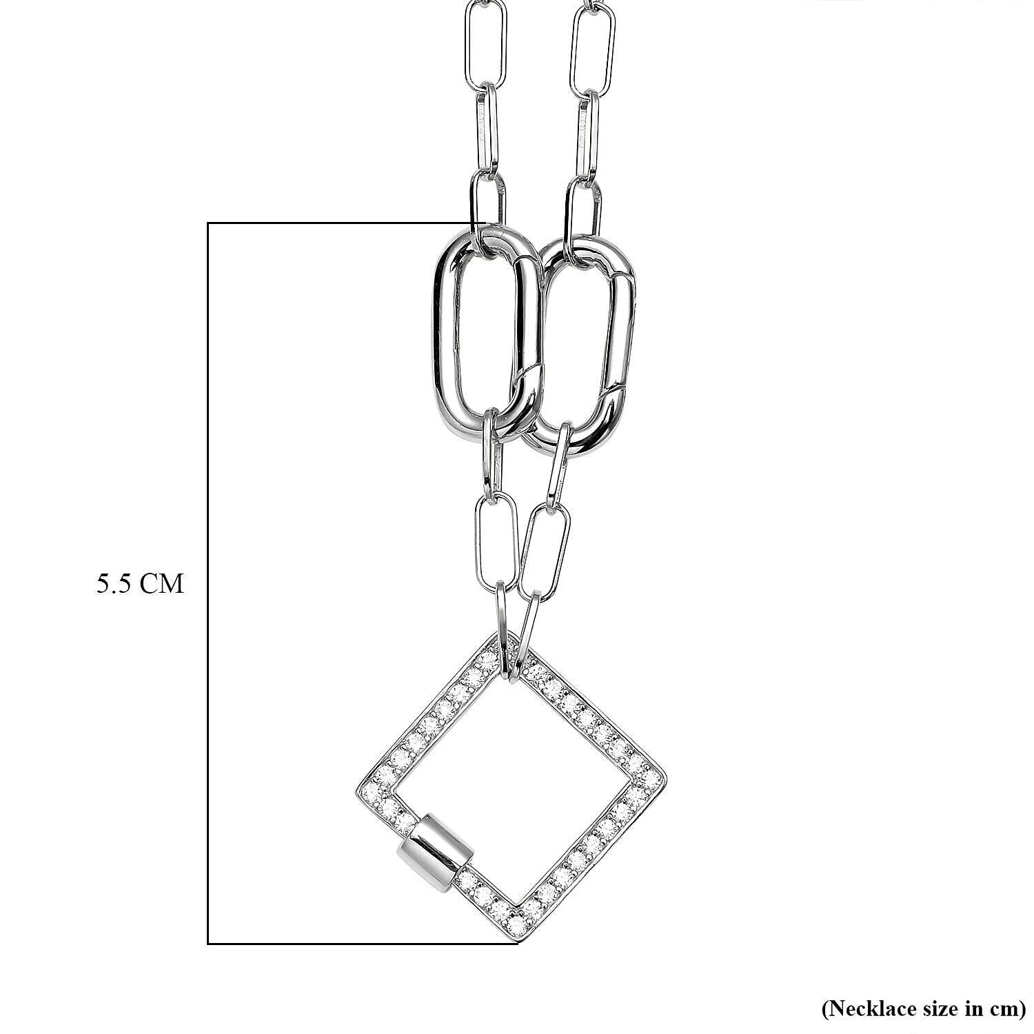 Lustro Stella - Cubic Zirconia Paperclip Necklace (Size - 18) in Rhodium Overlay Sterling Silver, Silver Wt. 7.80 Gms