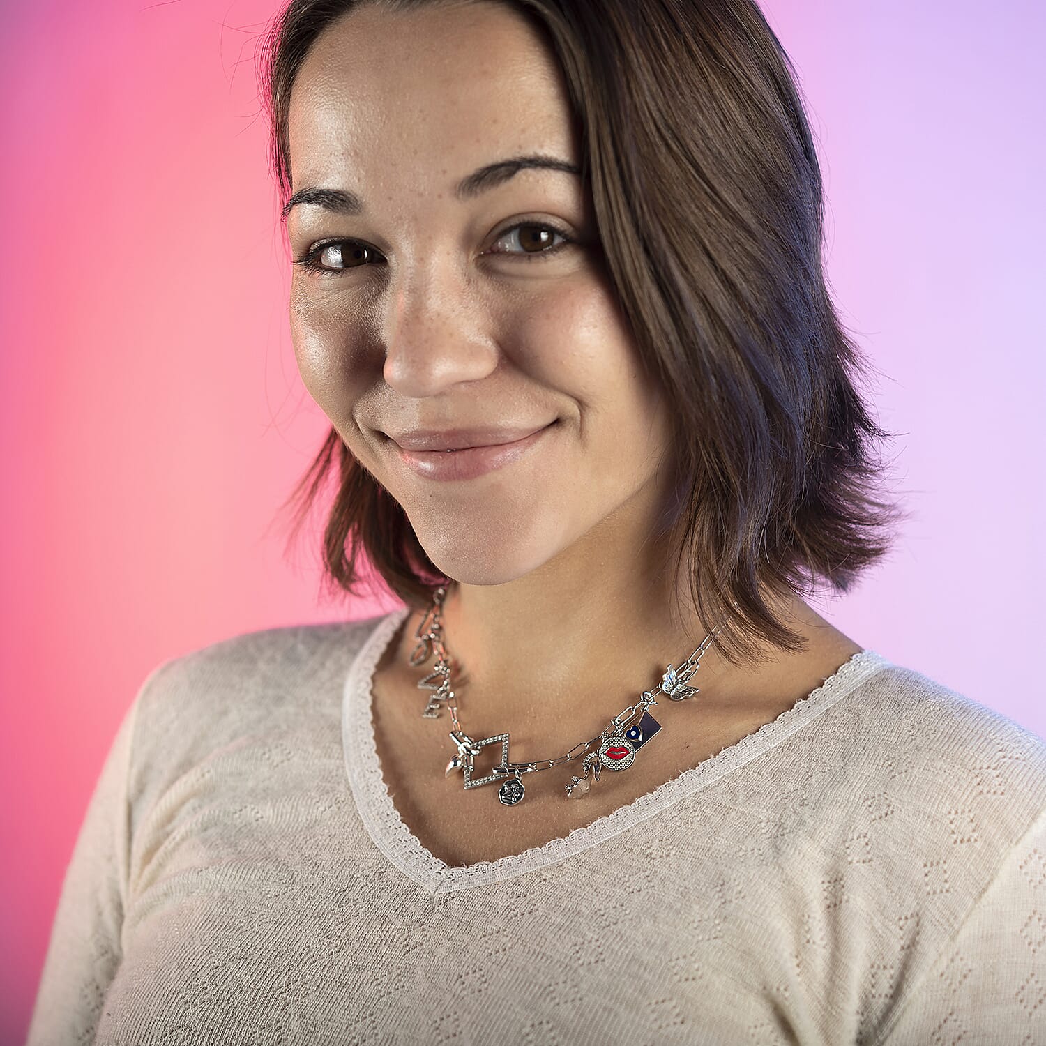 Lustro Stella - Cubic Zirconia Paperclip Necklace (Size - 18) in Rhodium Overlay Sterling Silver, Silver Wt. 7.80 Gms