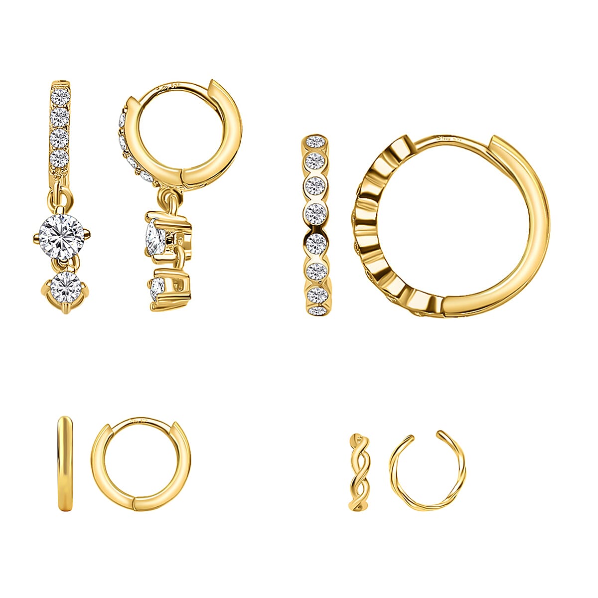 Set of Cuff, Dangle, Drop, Huggie Hoop Earrings for Women in Gold plated Sterling Silver - 4 Pairs
