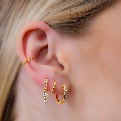 Set of Cuff, Dangle, Drop, Huggie Hoop Earrings for Women in Gold plated Sterling Silver - 4 Pairs