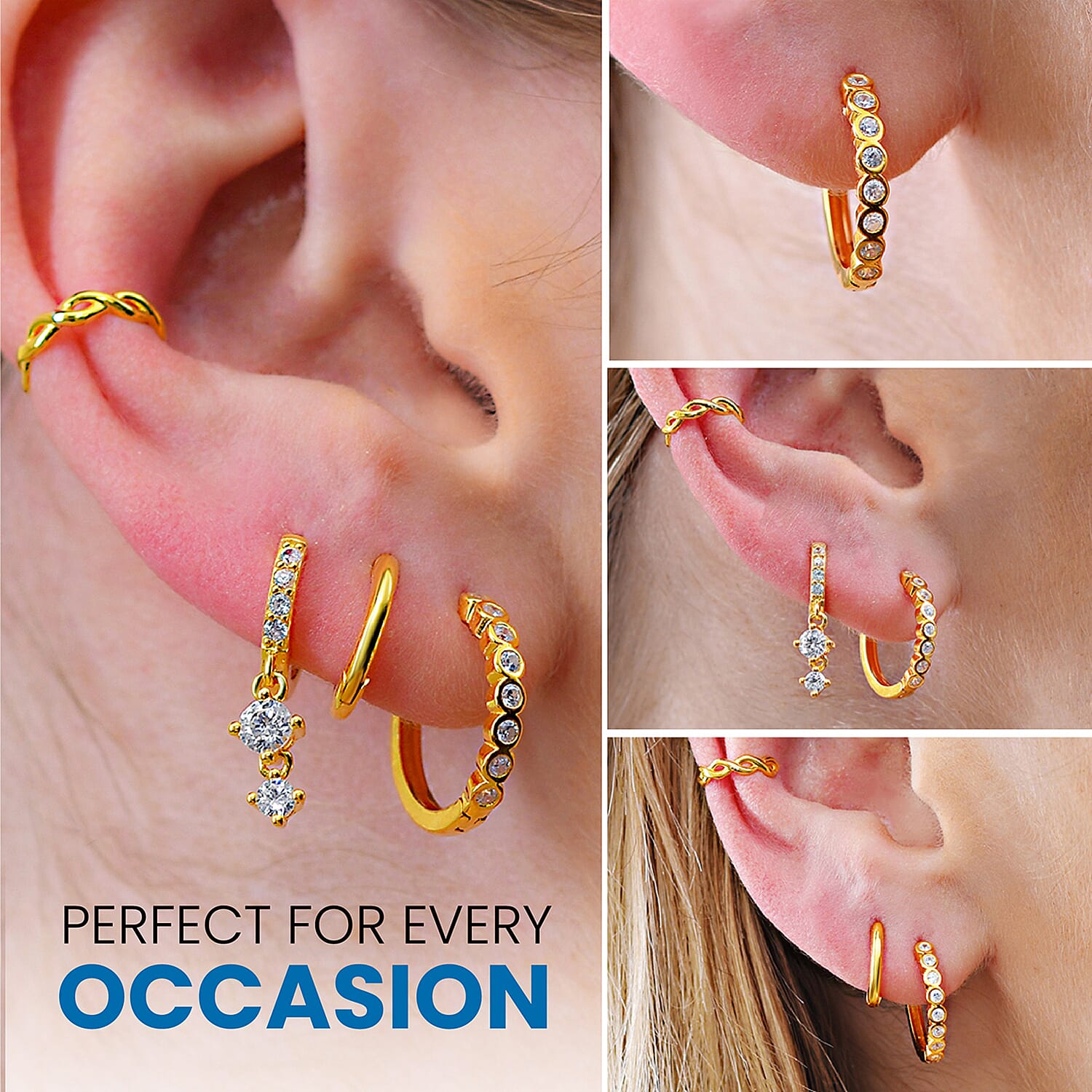 Set of Cuff, Dangle, Drop, Huggie Hoop Earrings for Women in Gold plated Sterling Silver - 4 Pairs