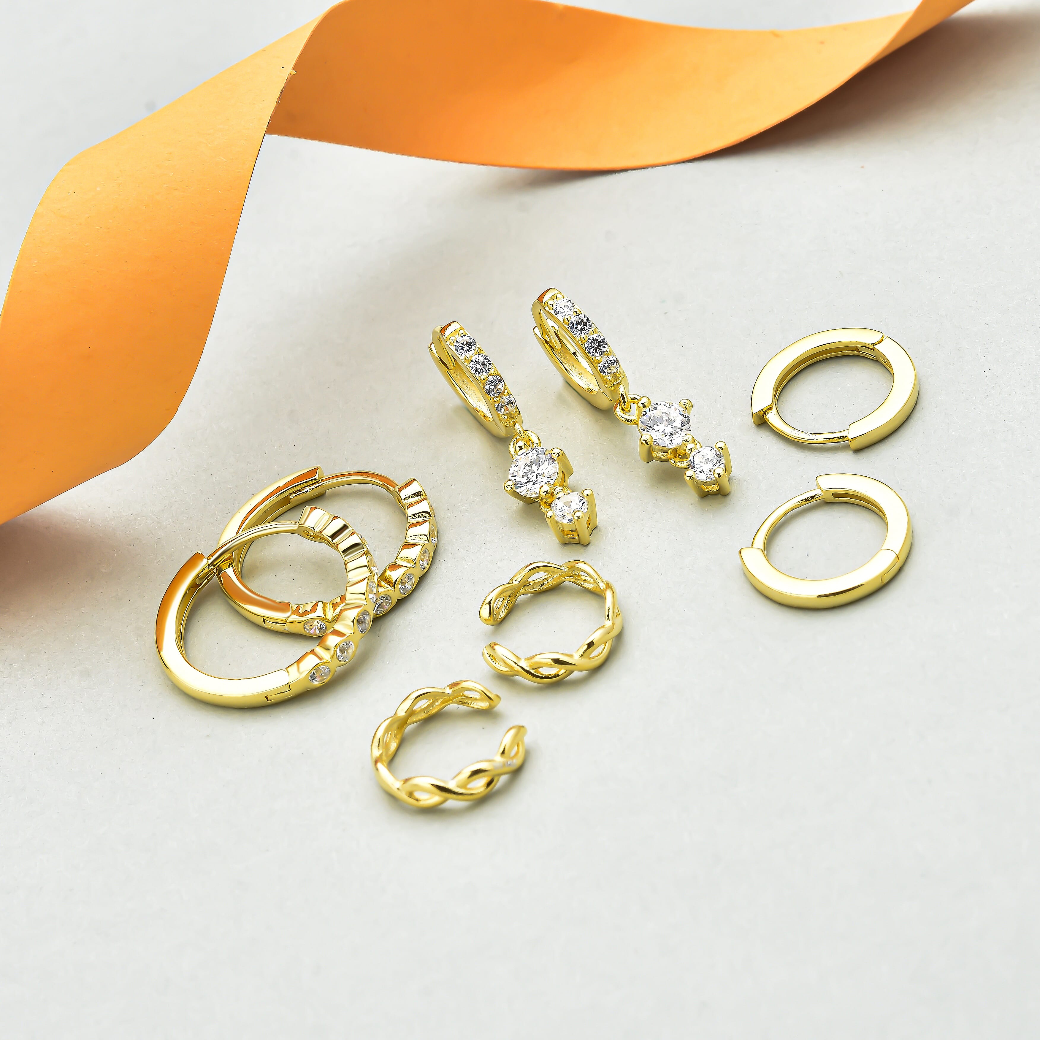 Set of Cuff, Dangle, Drop, Huggie Hoop Earrings for Women in Gold plated Sterling Silver - 4 Pairs