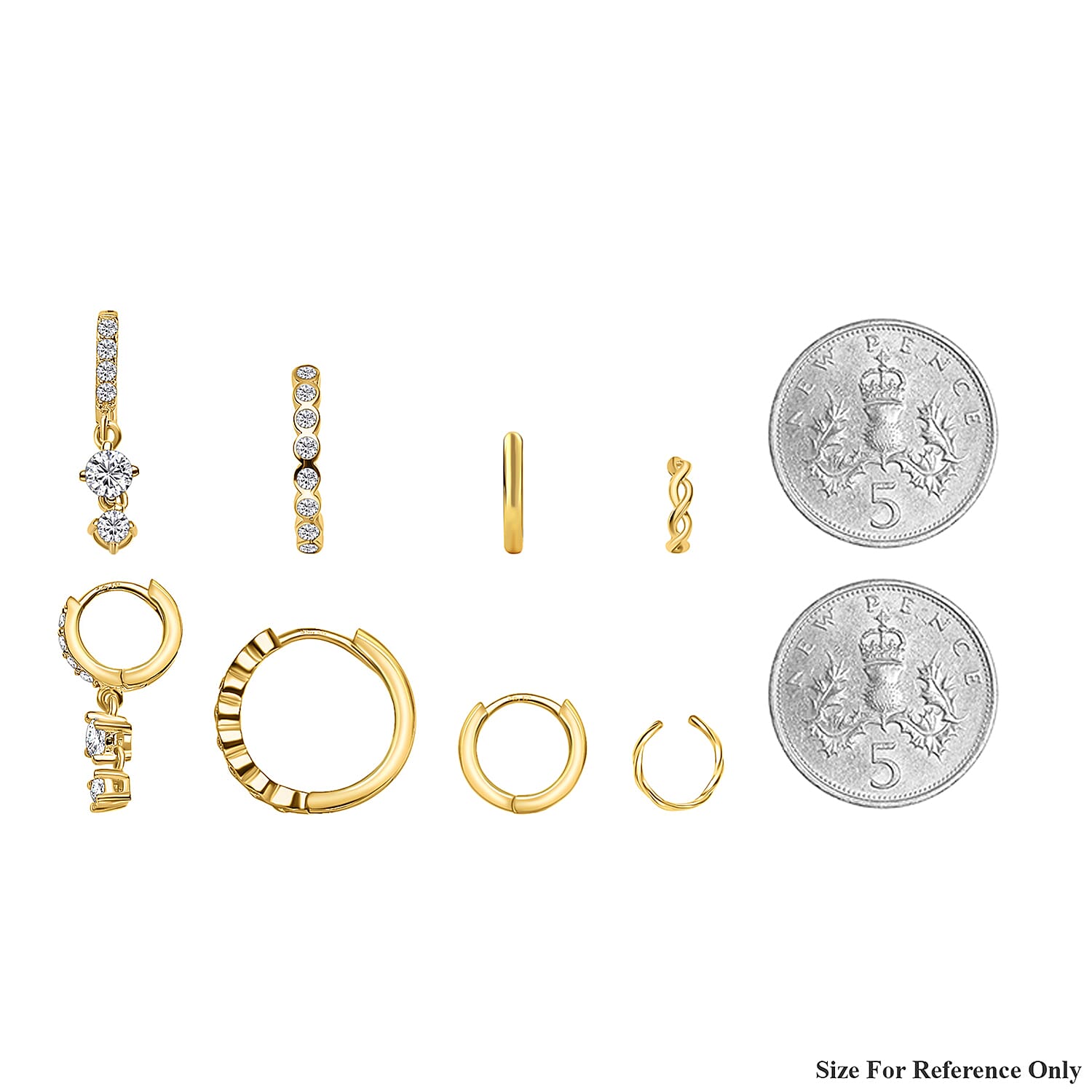 Set of Cuff, Dangle, Drop, Huggie Hoop Earrings for Women in Gold plated Sterling Silver - 4 Pairs