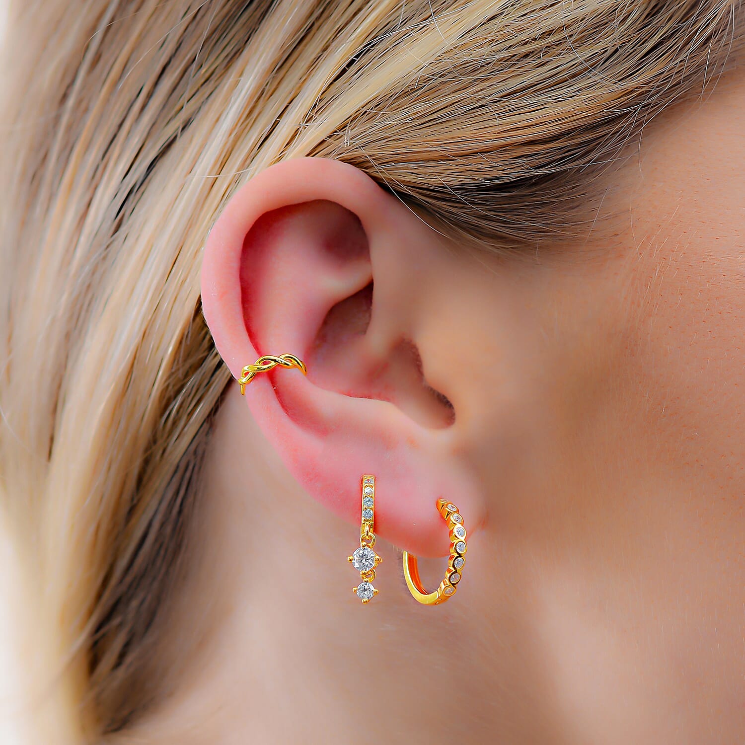 Set of Cuff, Dangle, Drop, Huggie Hoop Earrings for Women in Gold plated Sterling Silver - 4 Pairs