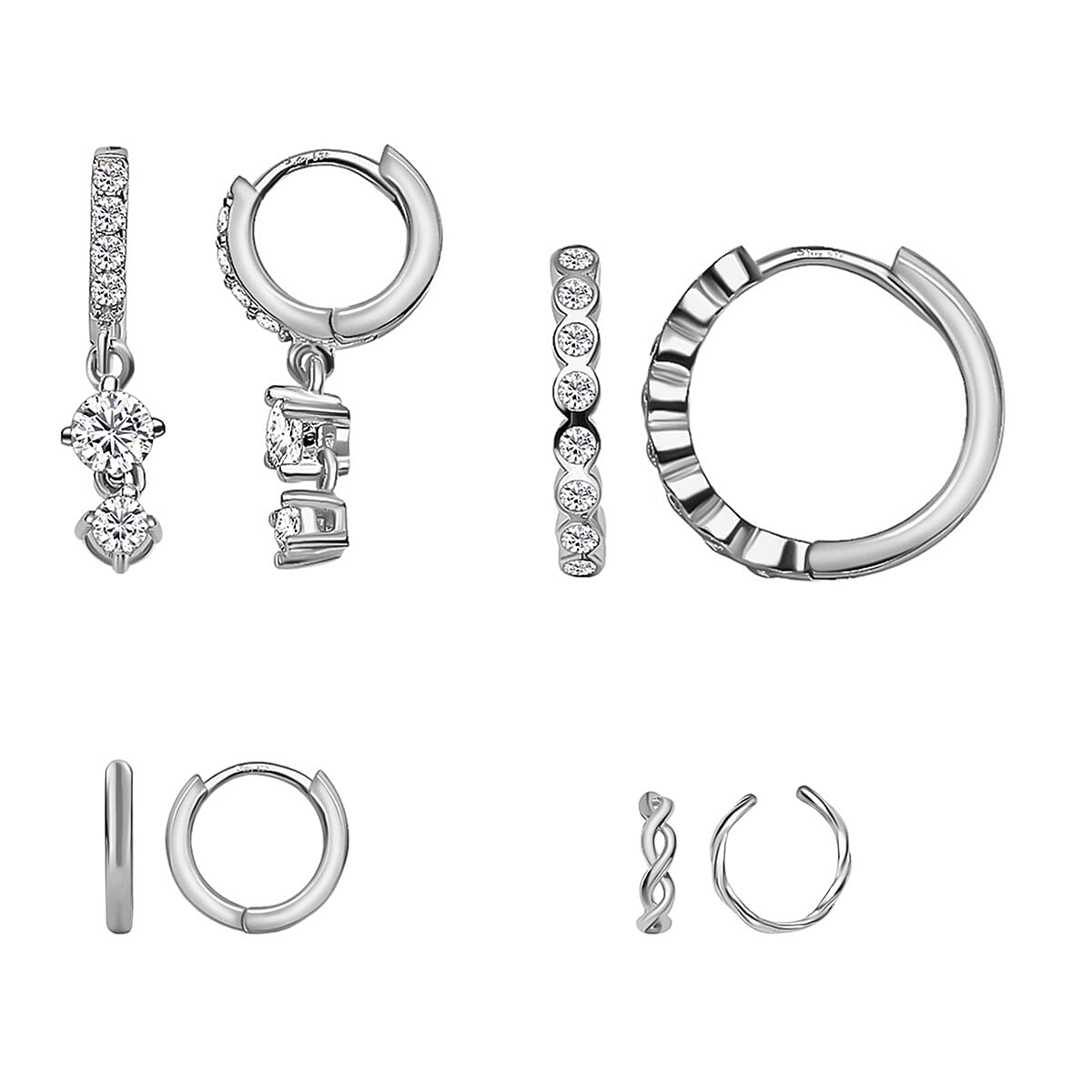 Set of Cuff, Dangle, Drop, Huggie Hoop Earrings for Women in Platinum plated Sterling Silver - 4 Pairs