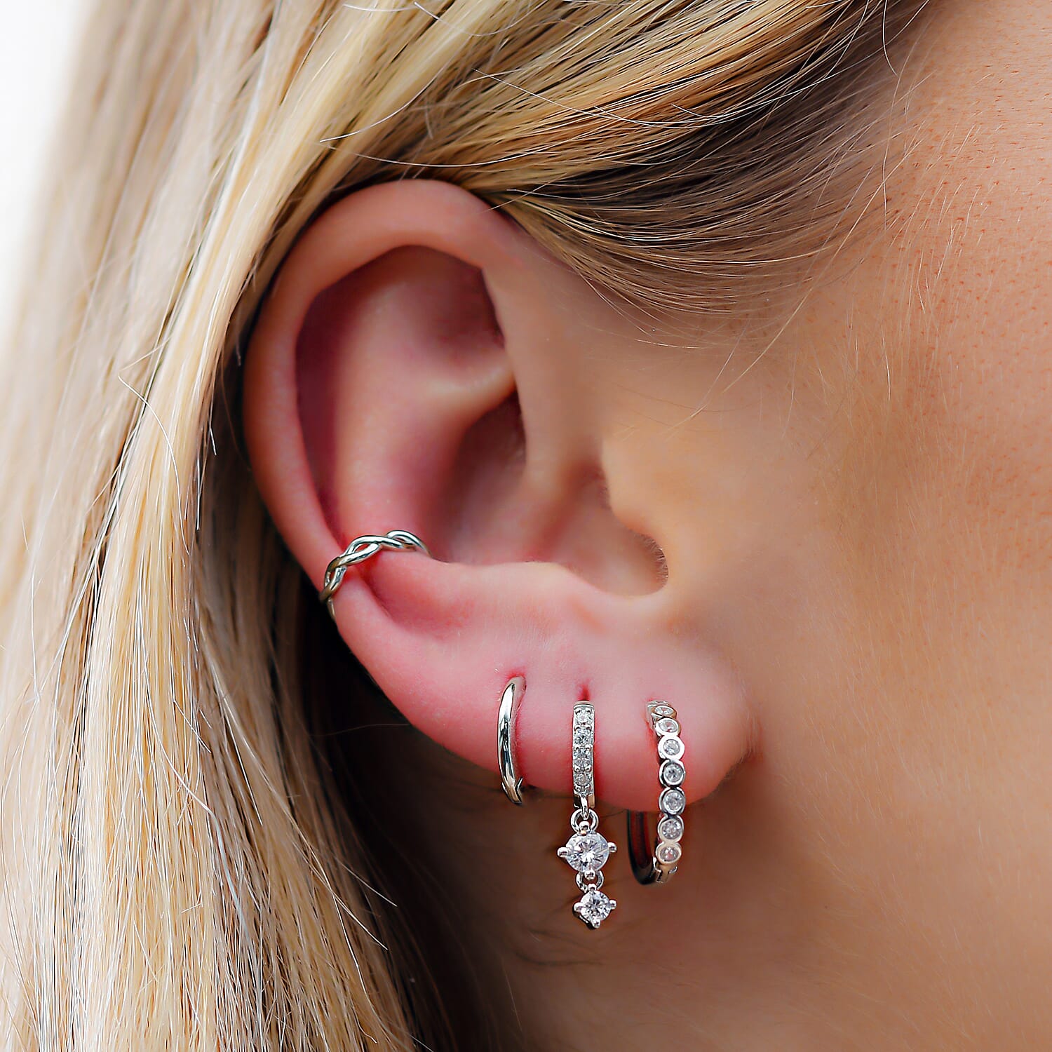 Set of Cuff, Dangle, Drop, Huggie Hoop Earrings for Women in Platinum plated Sterling Silver - 4 Pairs