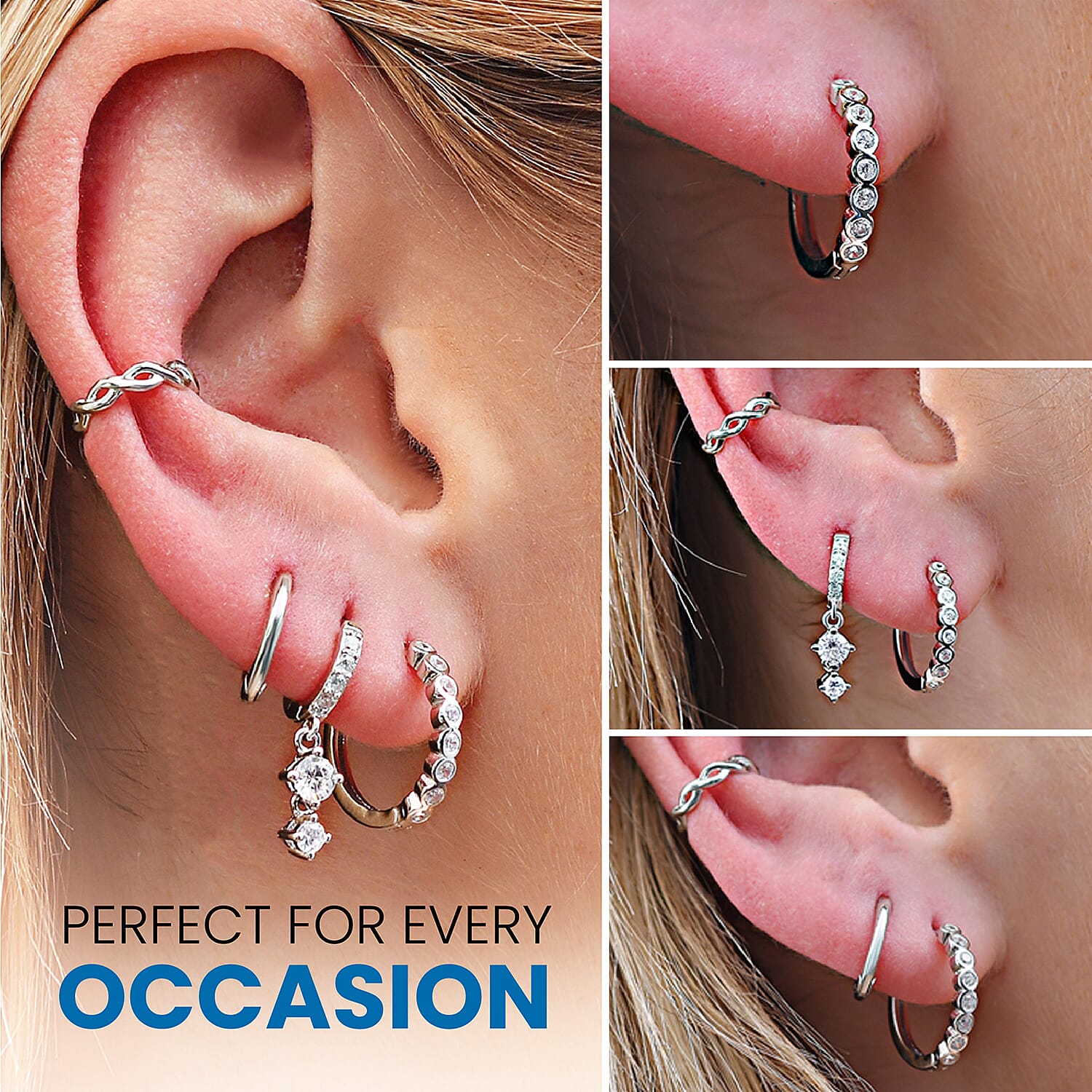 Set of Cuff, Dangle, Drop, Huggie Hoop Earrings for Women in Platinum plated Sterling Silver - 4 Pairs